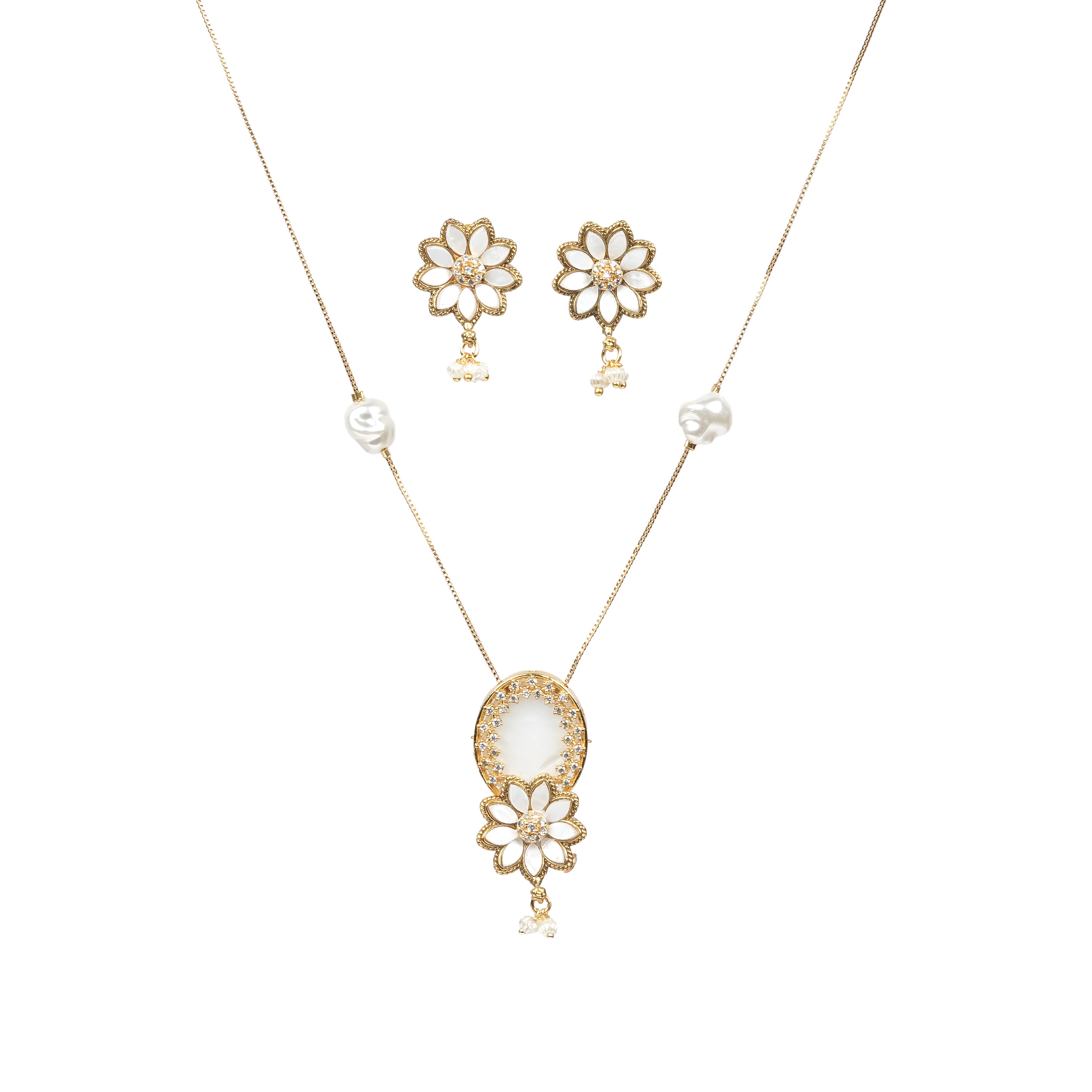Floral Pearl Gold Necklace & Earrings Set