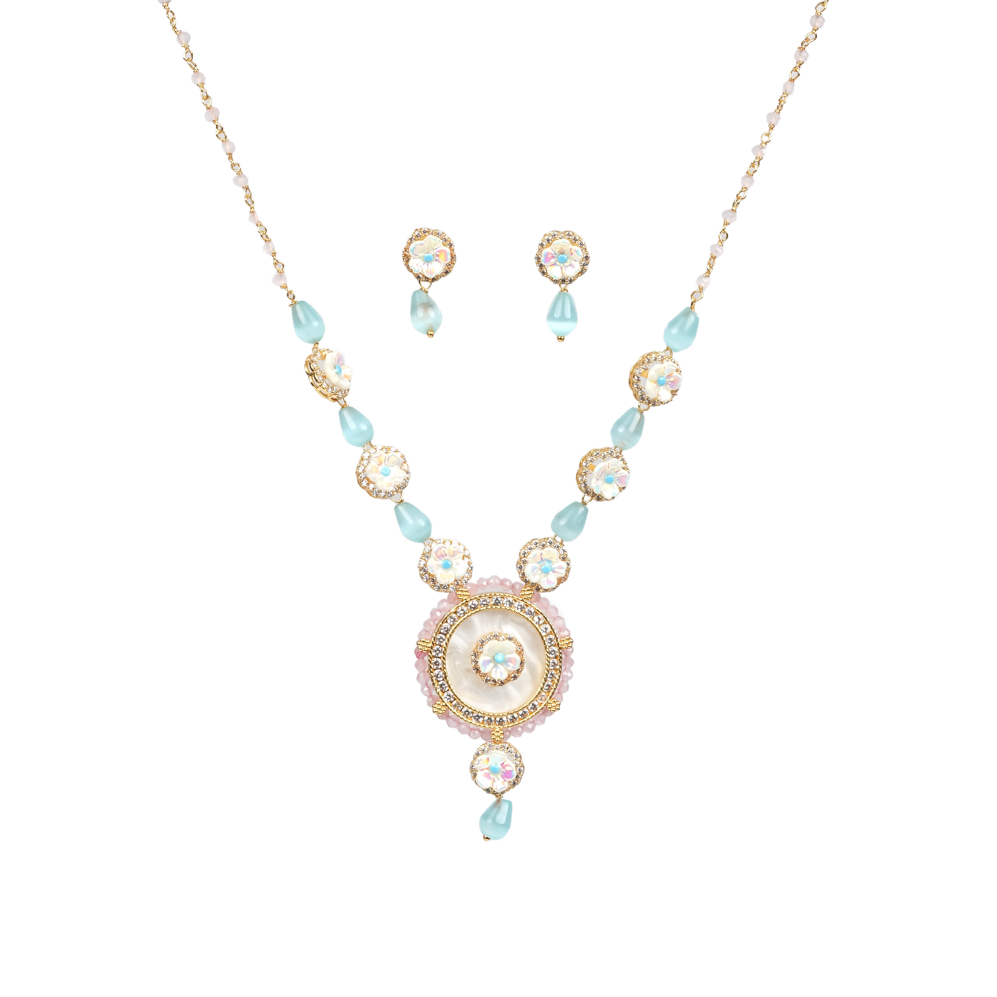 : Aqua Bloom Statement Necklace & Earring Set