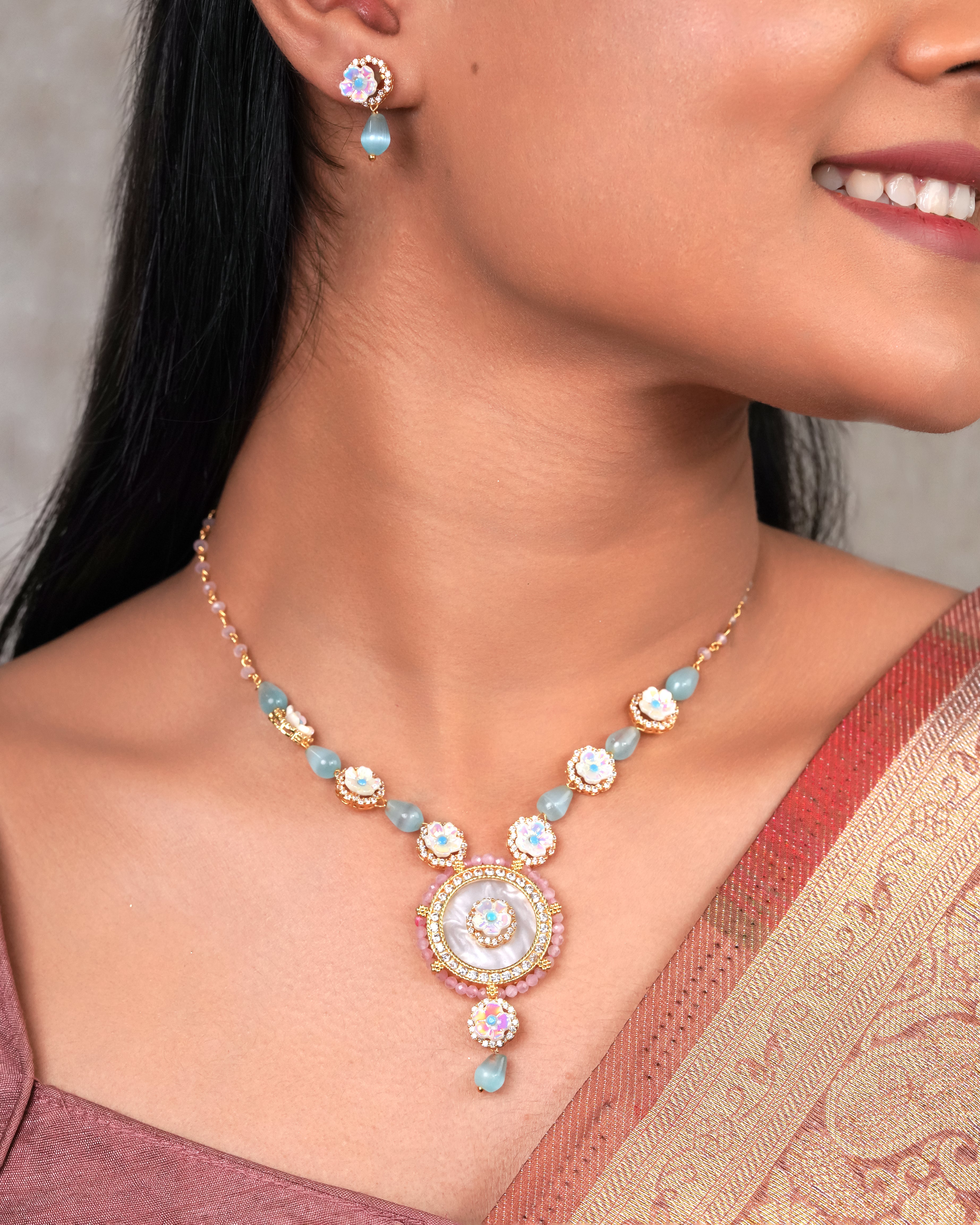 Aqua Bloom Statement Necklace & Earring Set