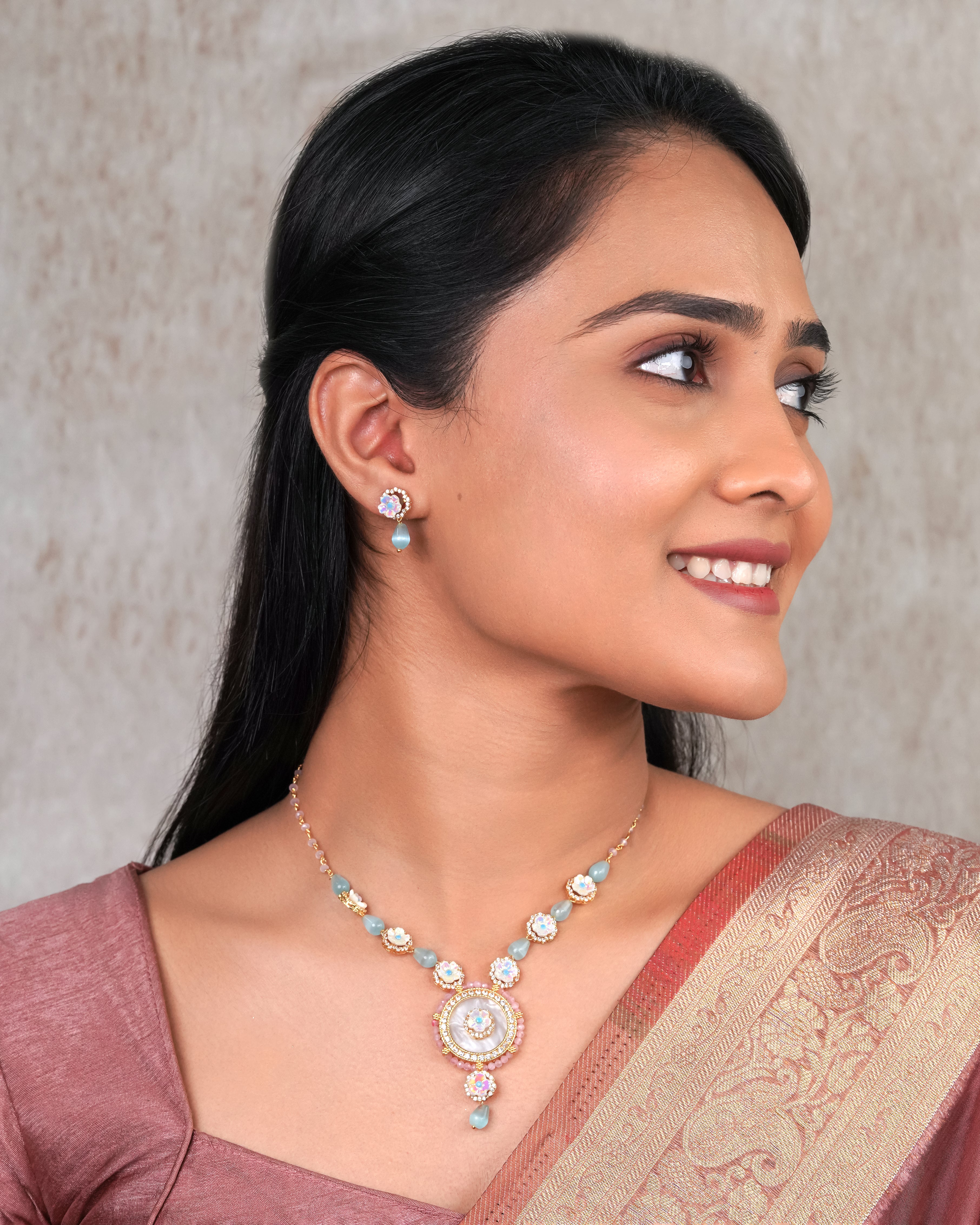 Aqua Bloom Statement Necklace & Earring Set