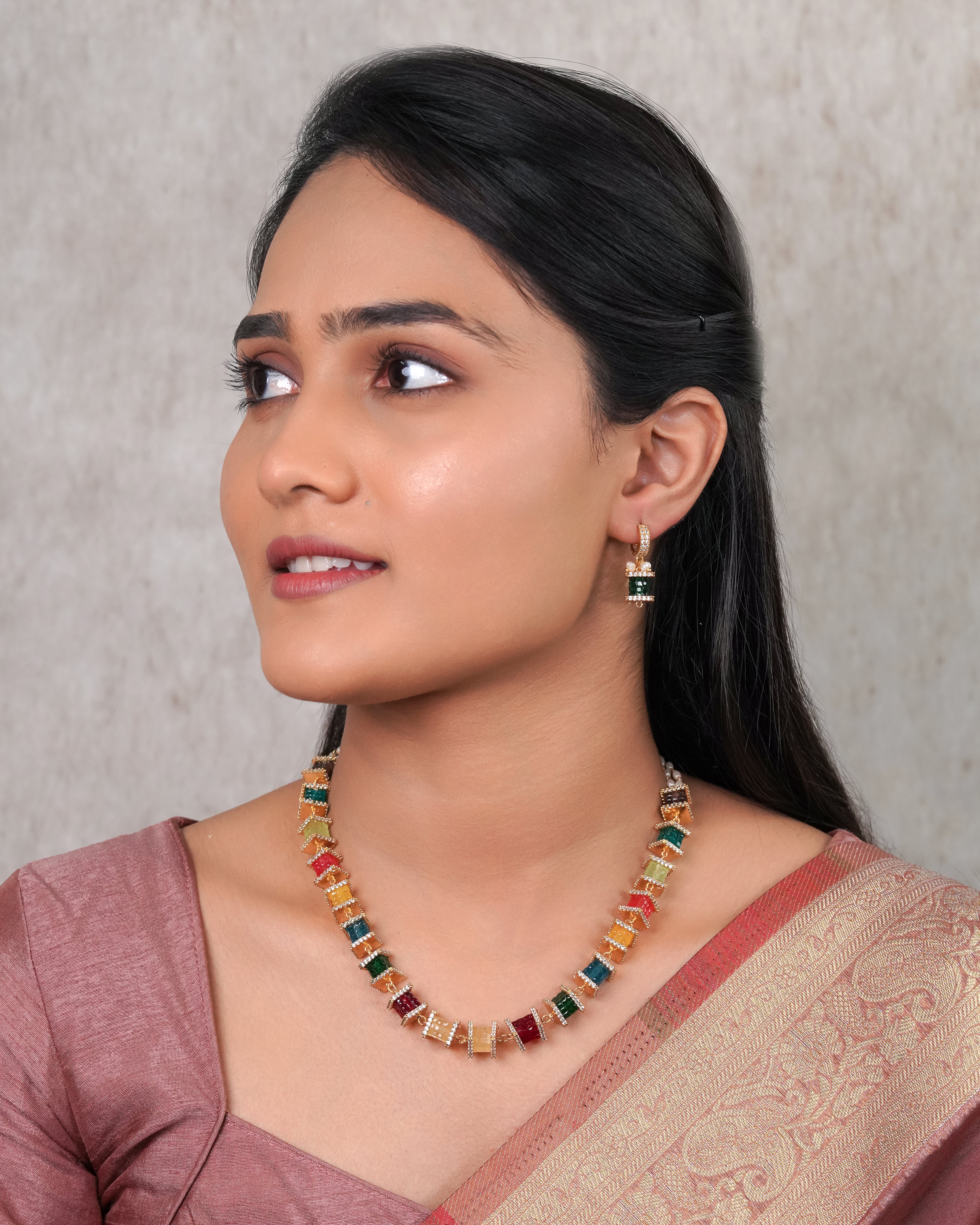 Multicolor Gemstone Cascade Necklace & Earring Set