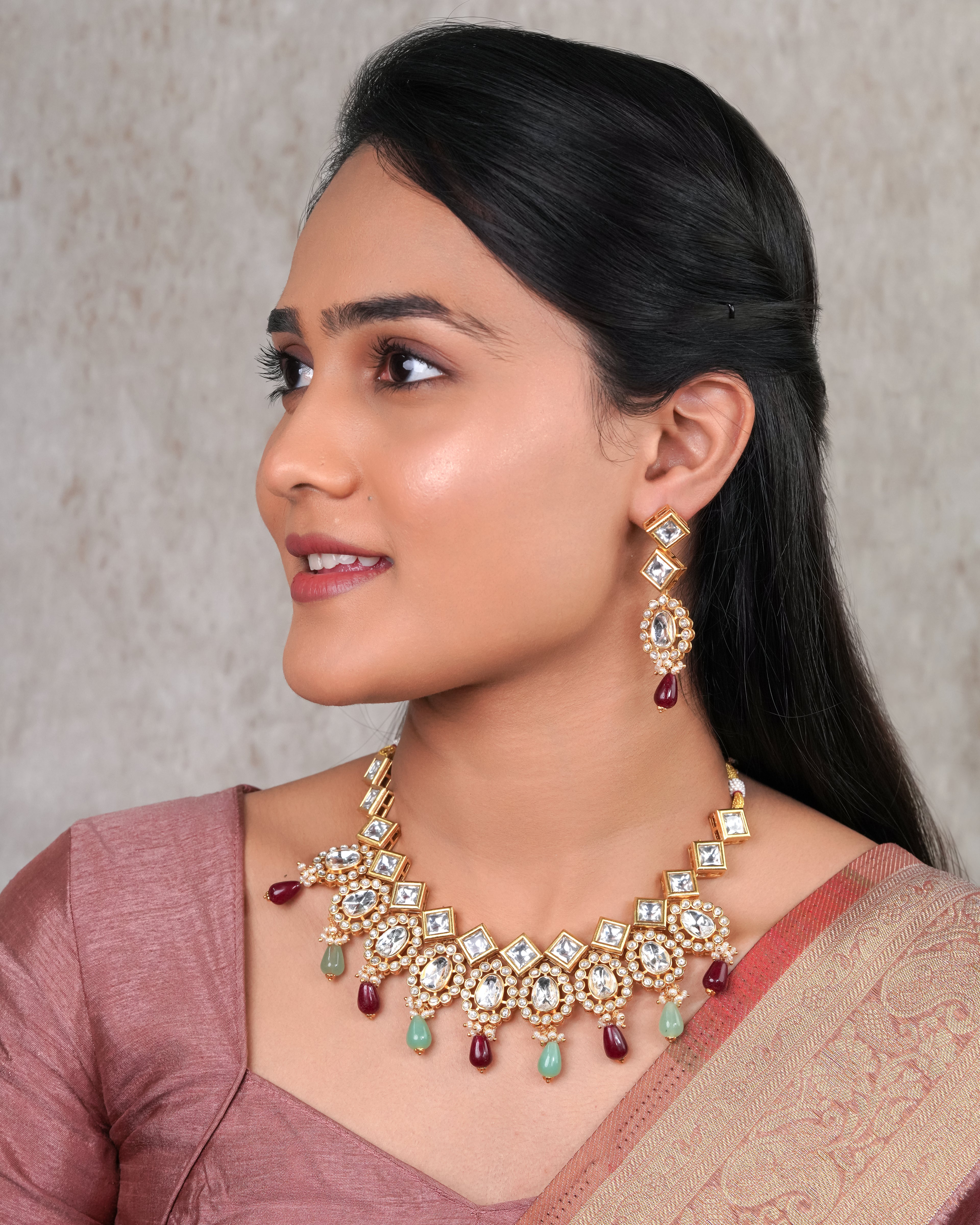 Royal Polki & Gemstone Drop Necklace Set