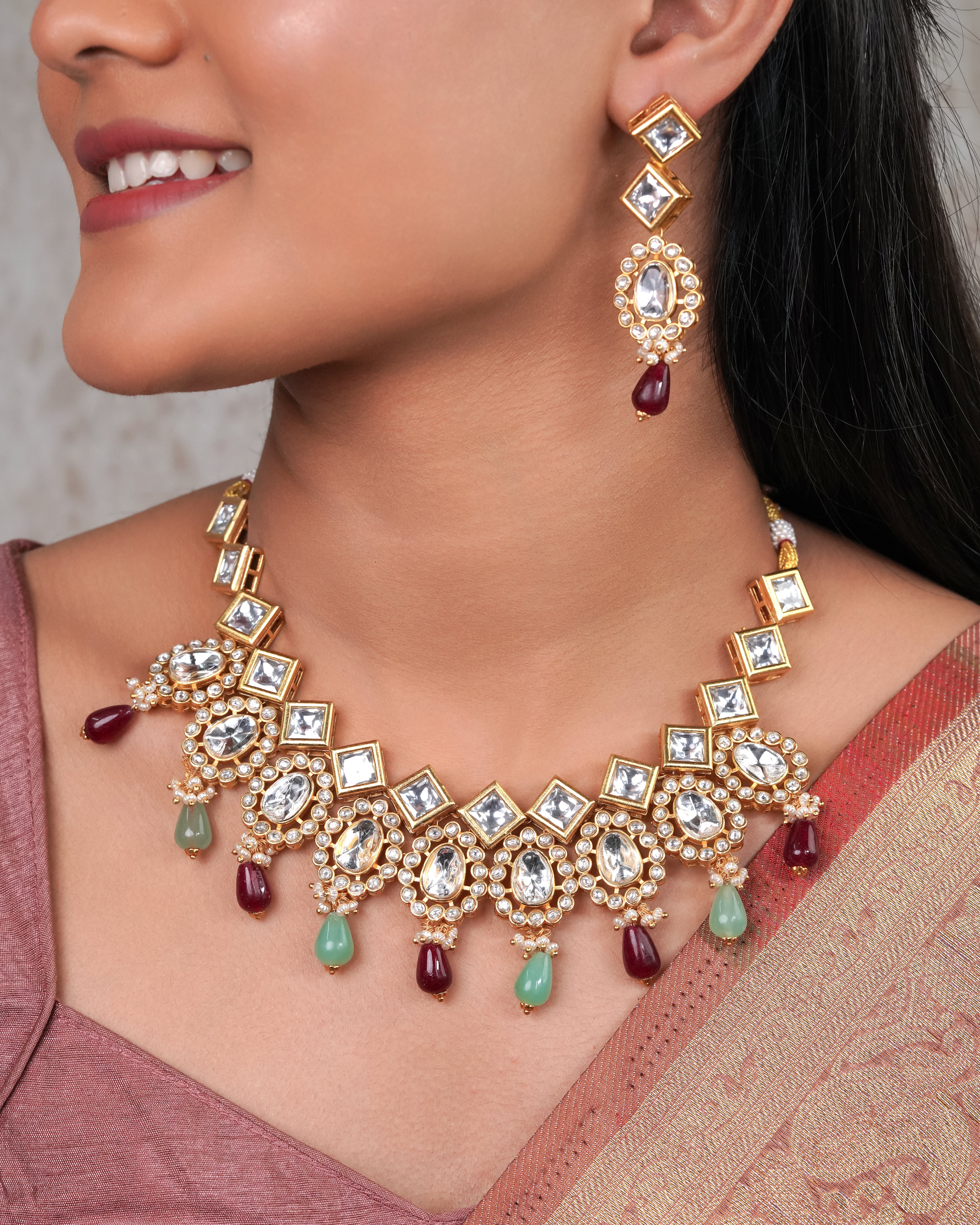 Royal Polki & Gemstone Drop Necklace Set
