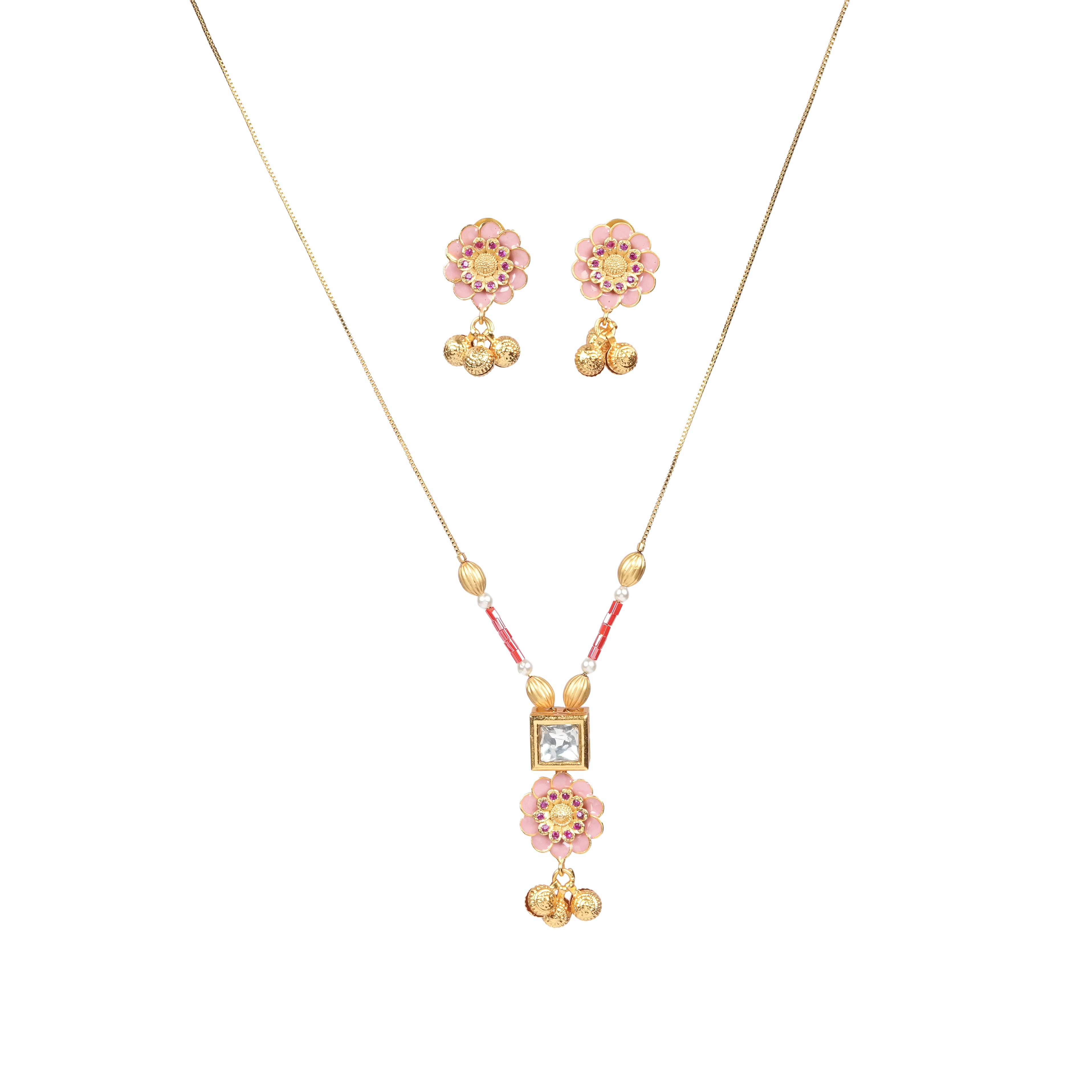 Pink Enamel Floral Pendant Necklace Set