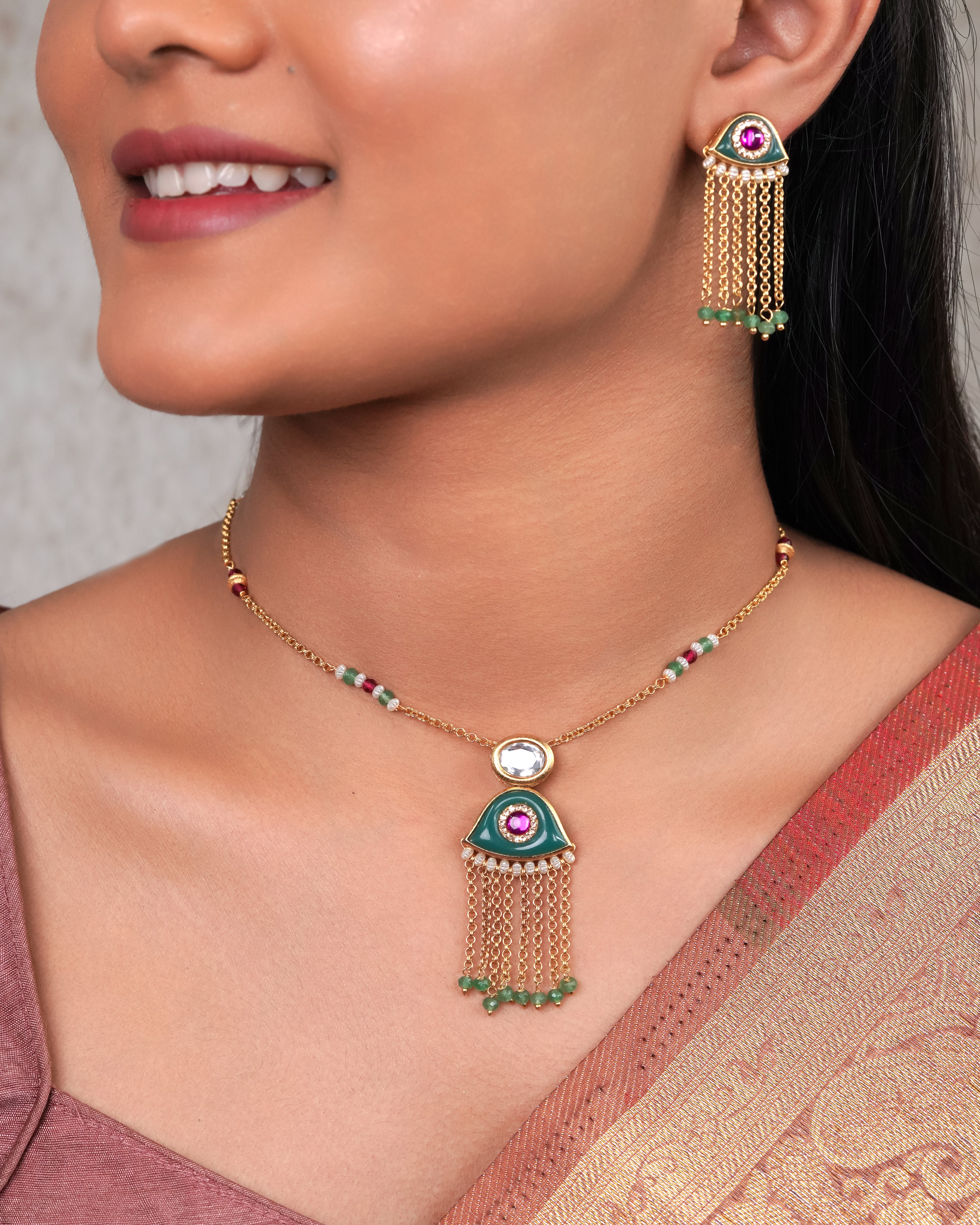 Enamel Eye Tassel Necklace Set