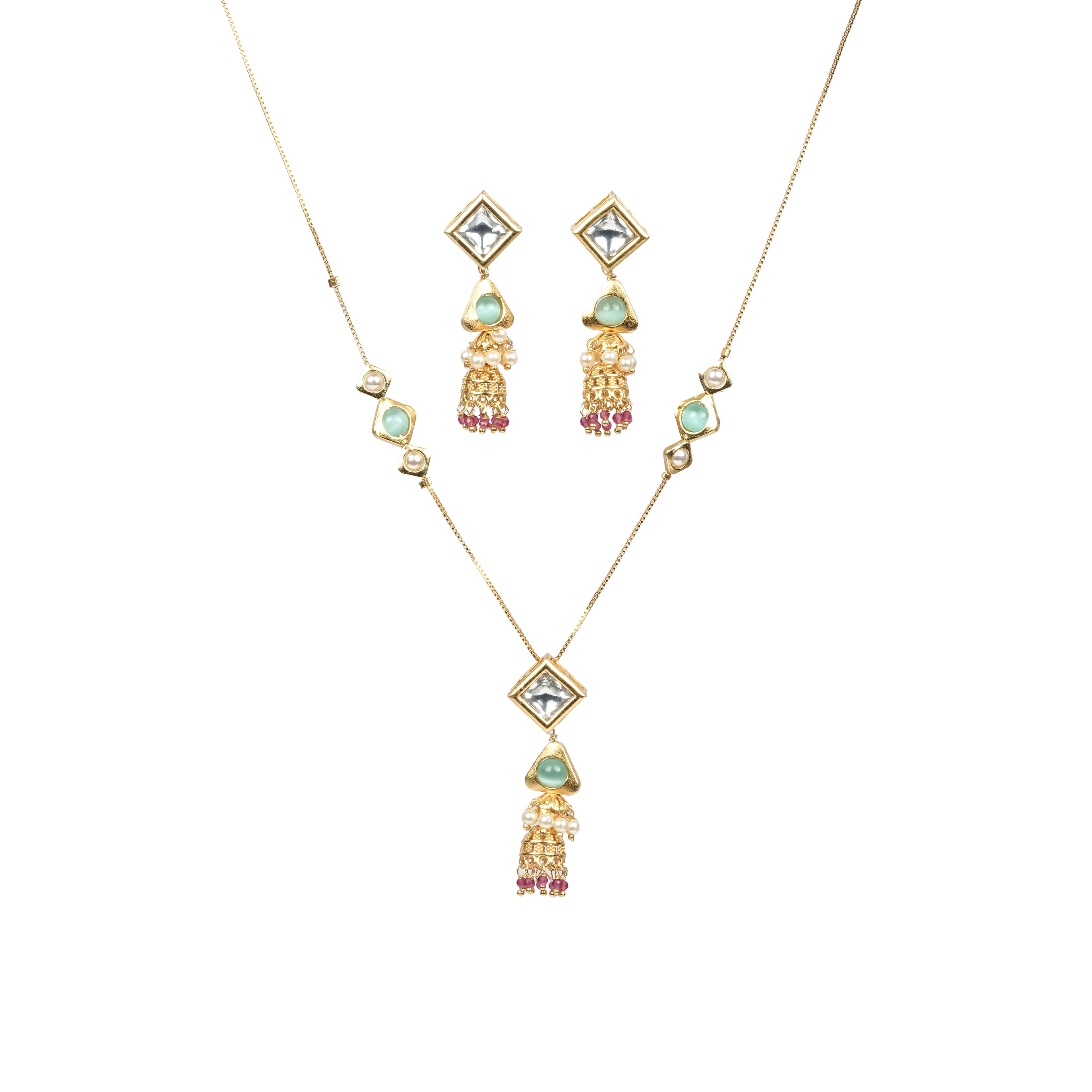Mint Stone & Kundan Tassel Necklace Set