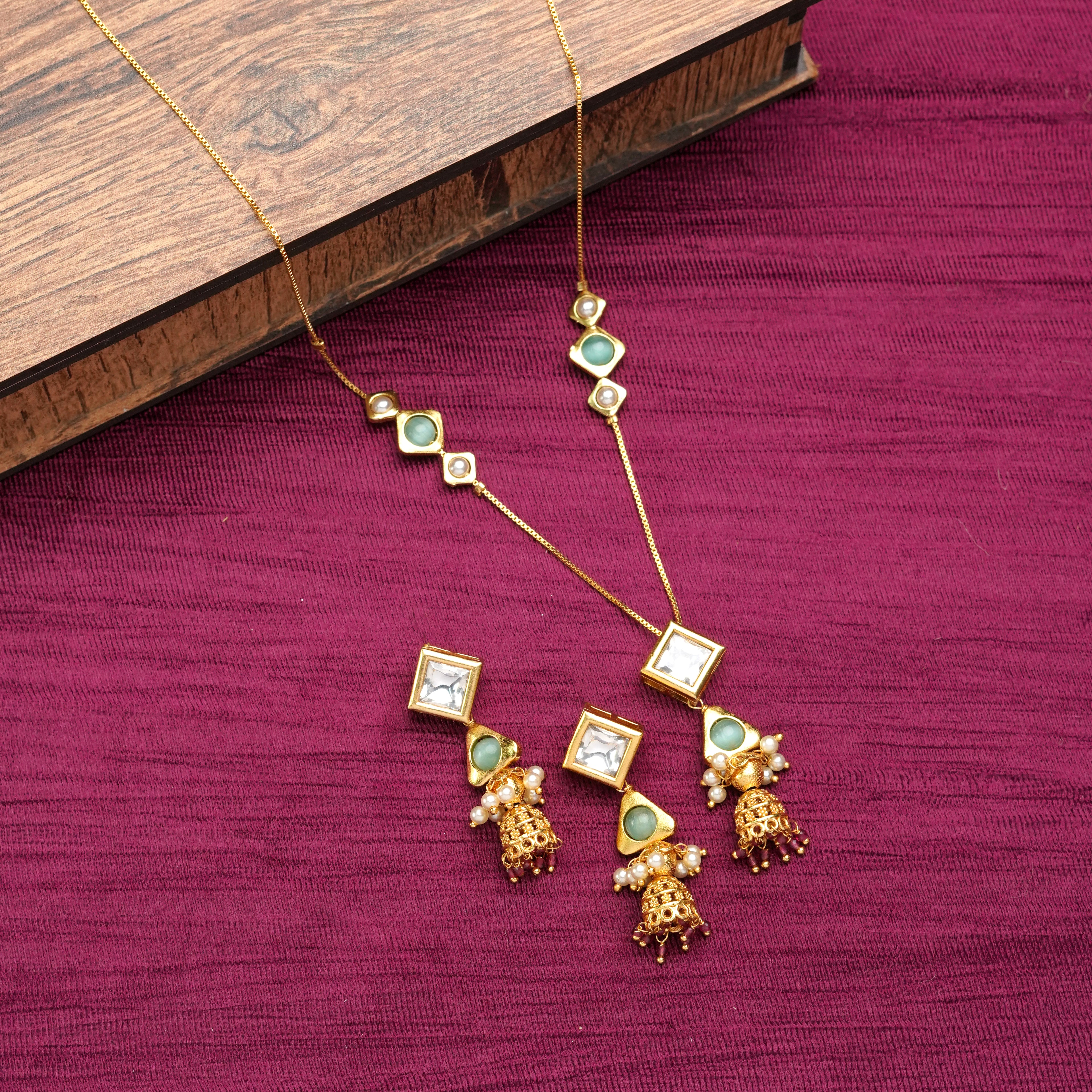 Mint Stone & Kundan Tassel Necklace Set