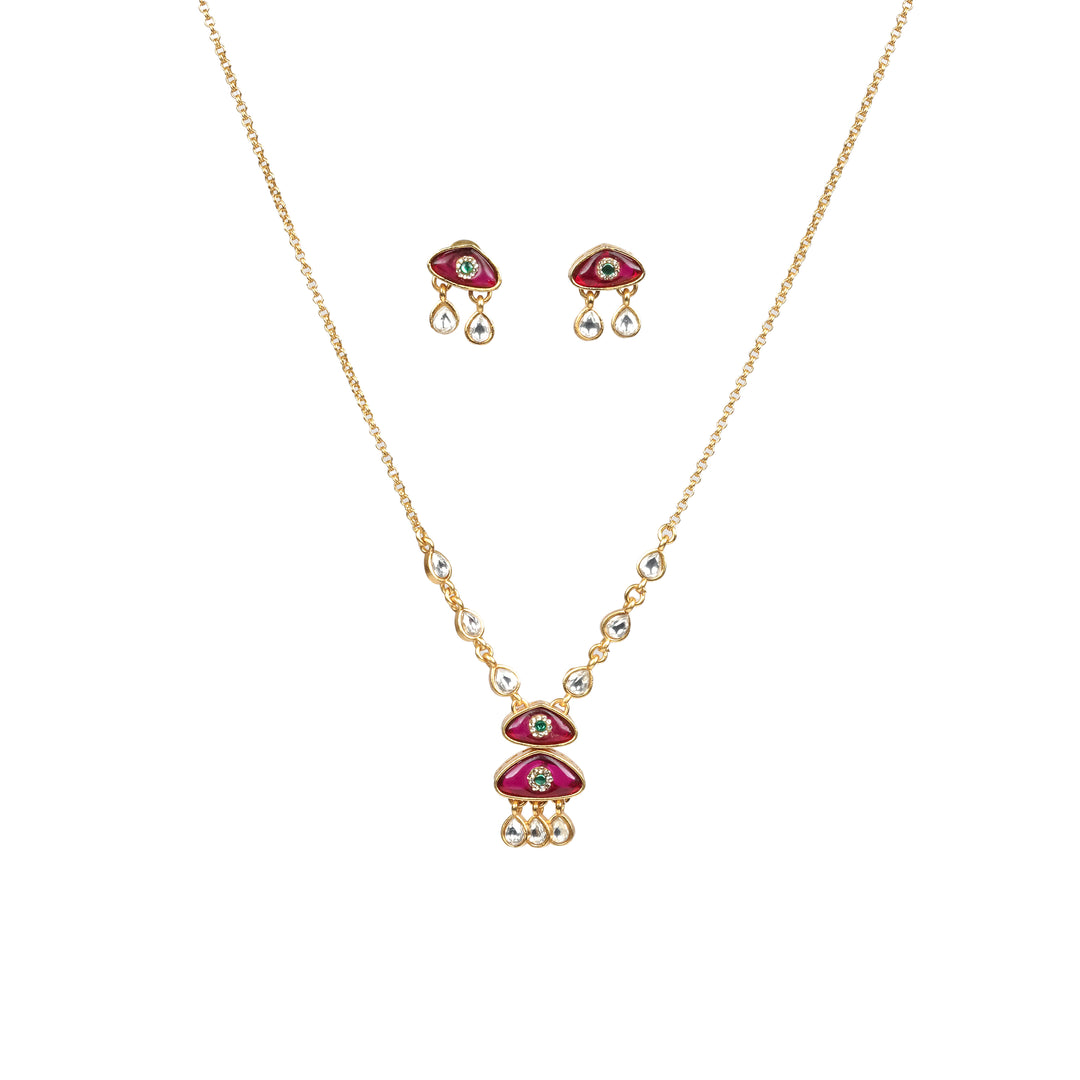 Ruby Pink Enamel & Kundan Drop Necklace Set