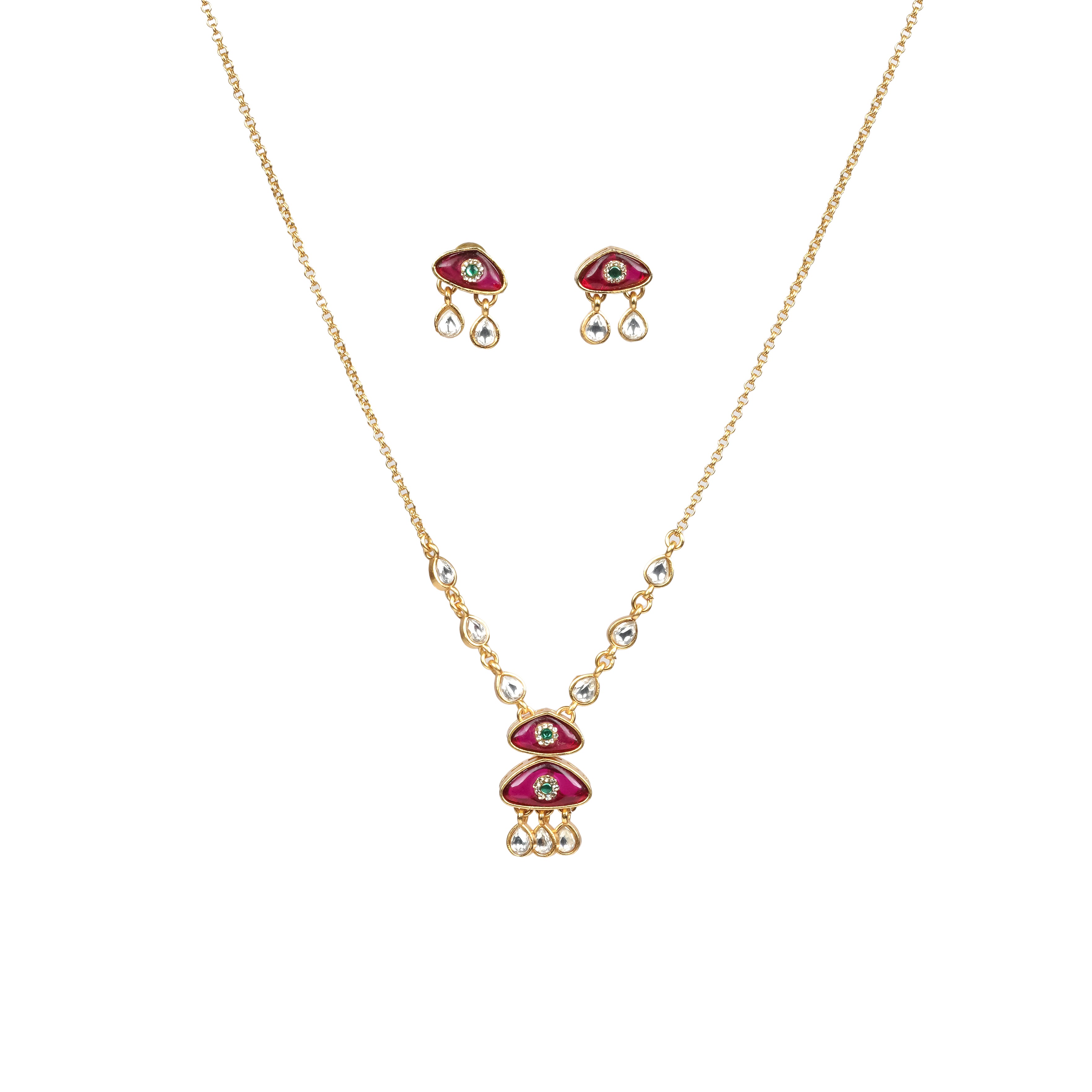 Ruby Pink Enamel & Kundan Drop Necklace Set