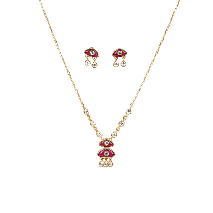 Ruby Pink Enamel & Kundan Drop Necklace Set