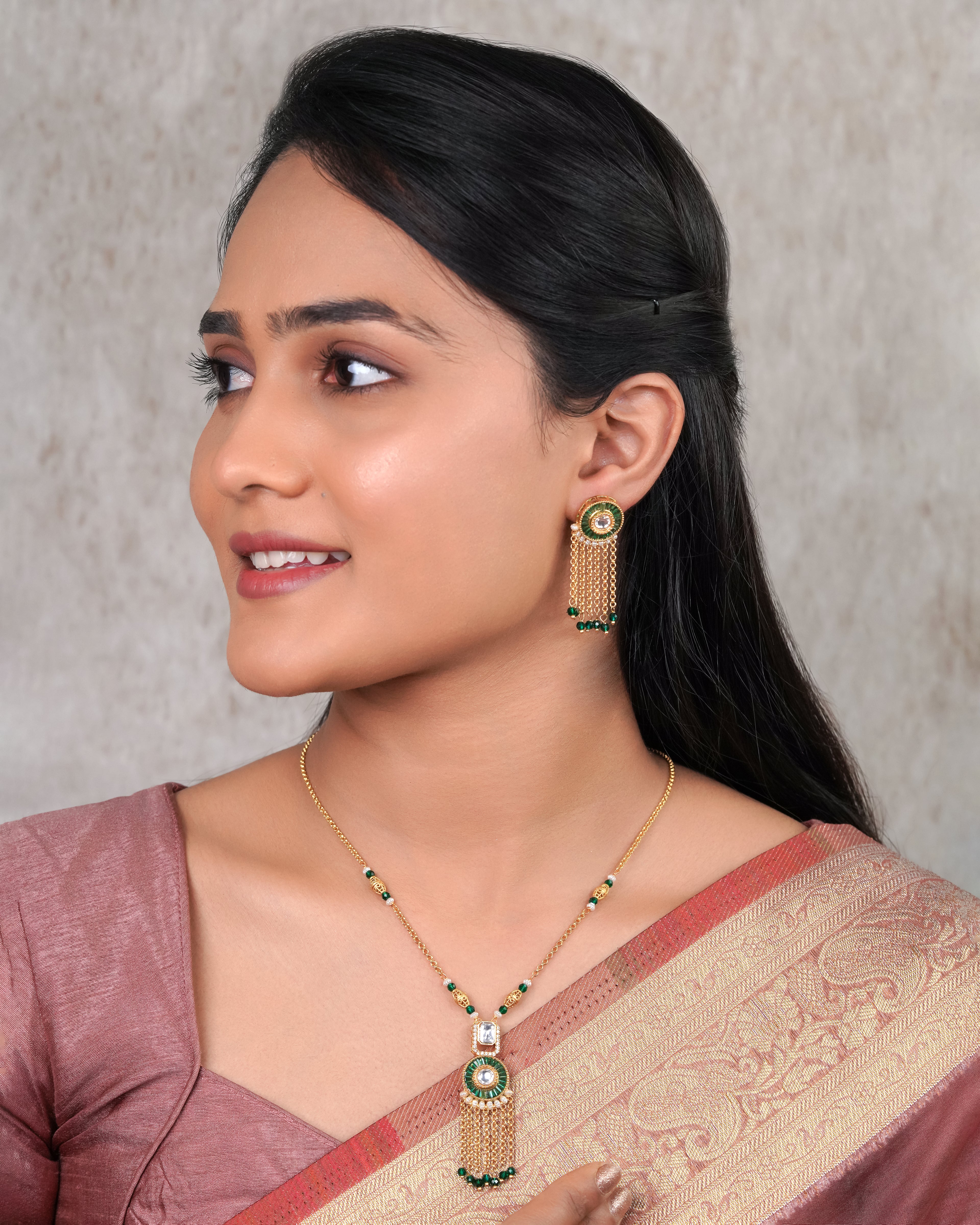 Emerald Green Kundan Tassel Necklace Set