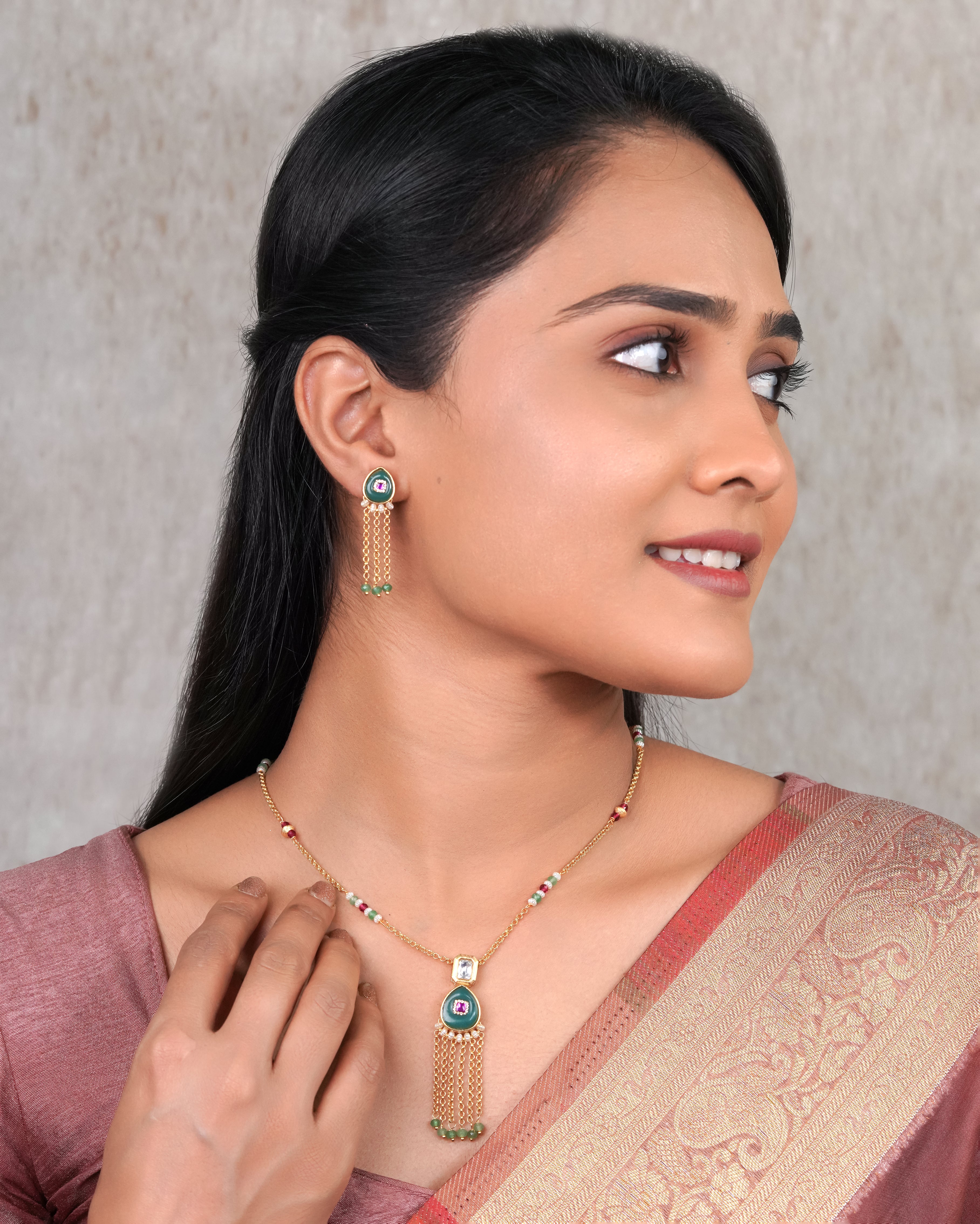 Green & Ruby Drop Pendant Necklace Set