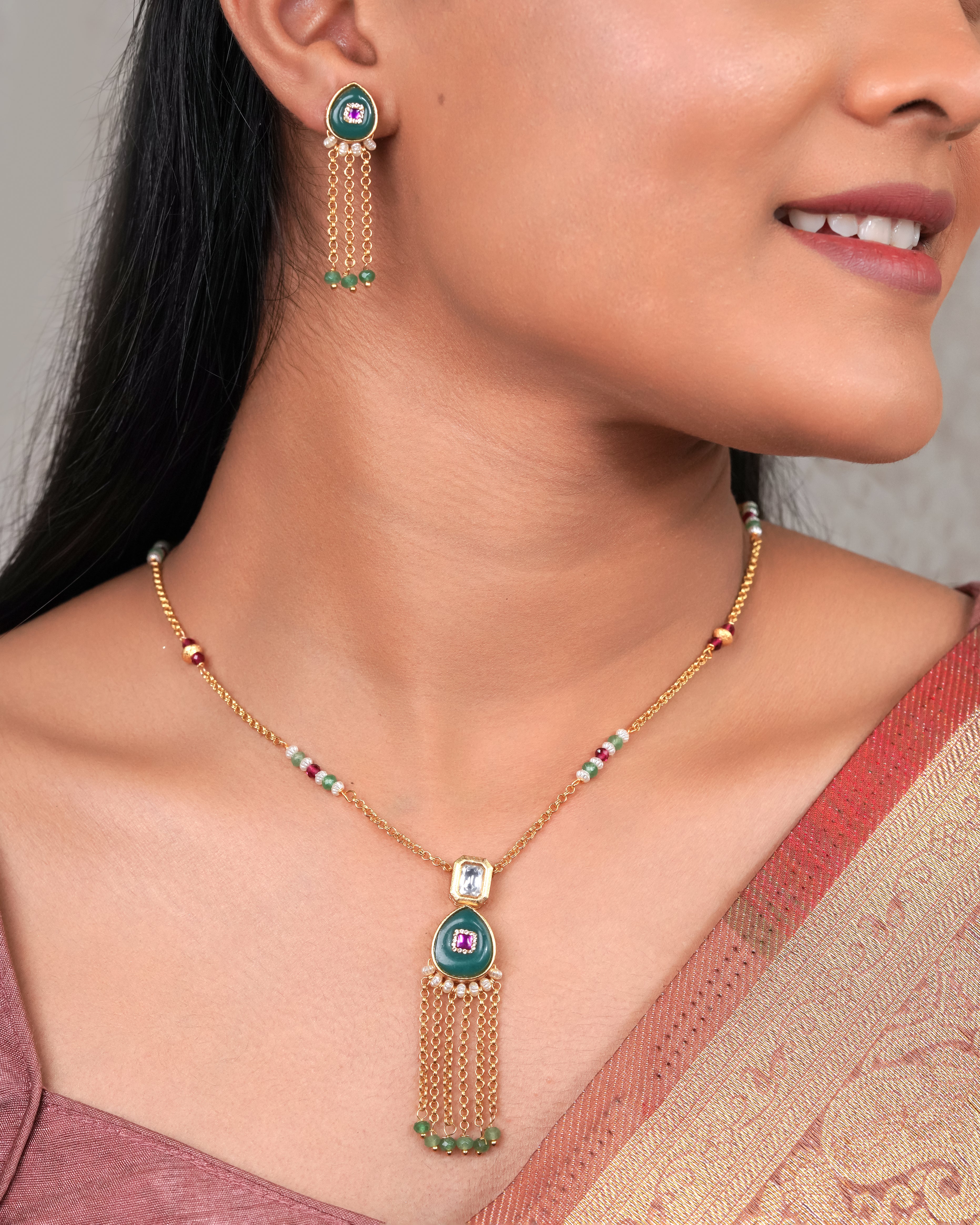 Green & Ruby Drop Pendant Necklace Set