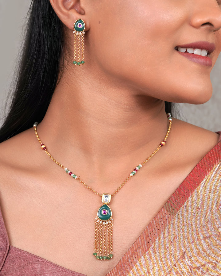 Green & Ruby Drop Pendant Necklace Set
