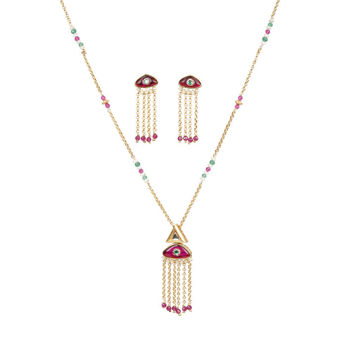 Ruby & Green Enamel Tassel Necklace Set
