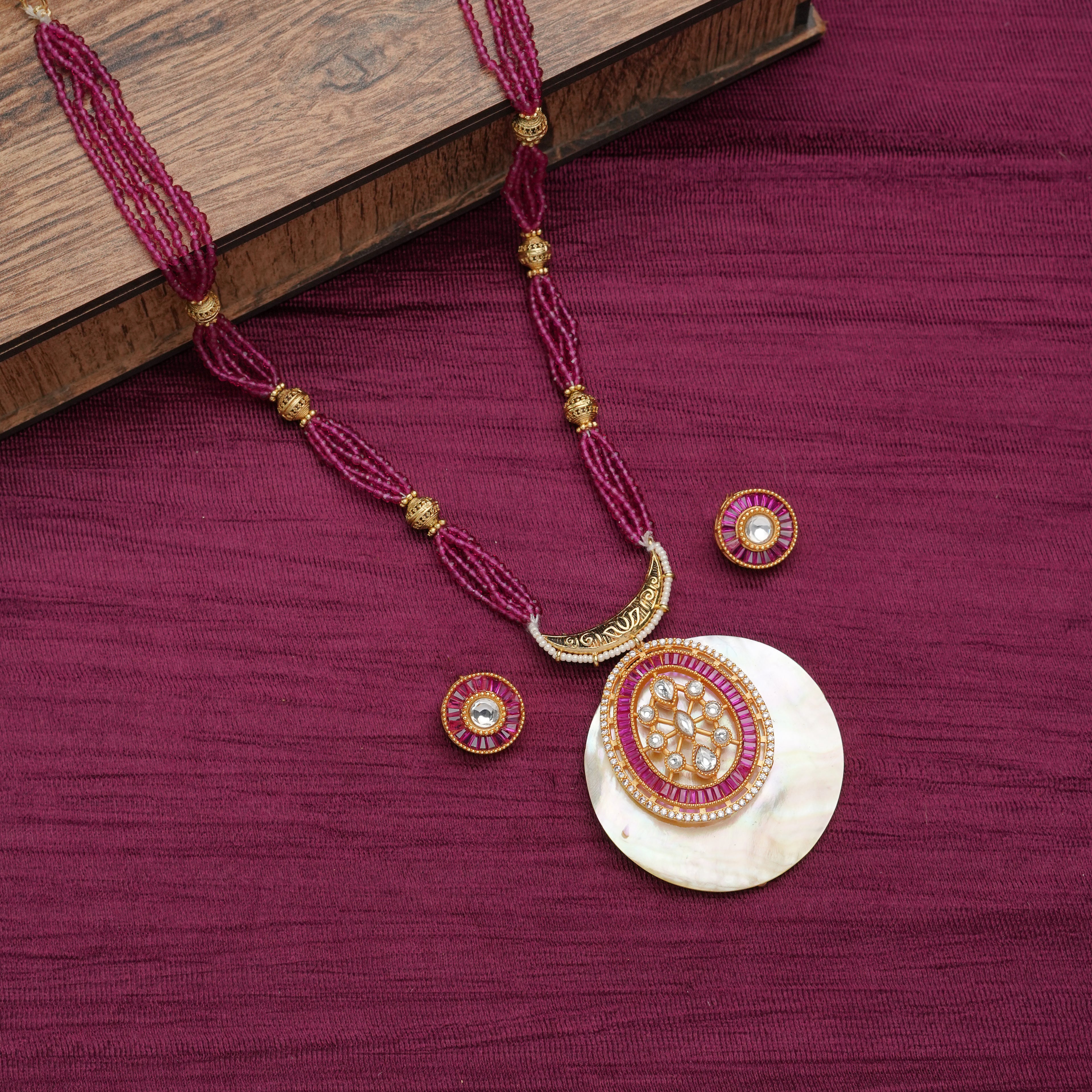 Pink Bead & Mother-of-Pearl Pendant Necklace Set