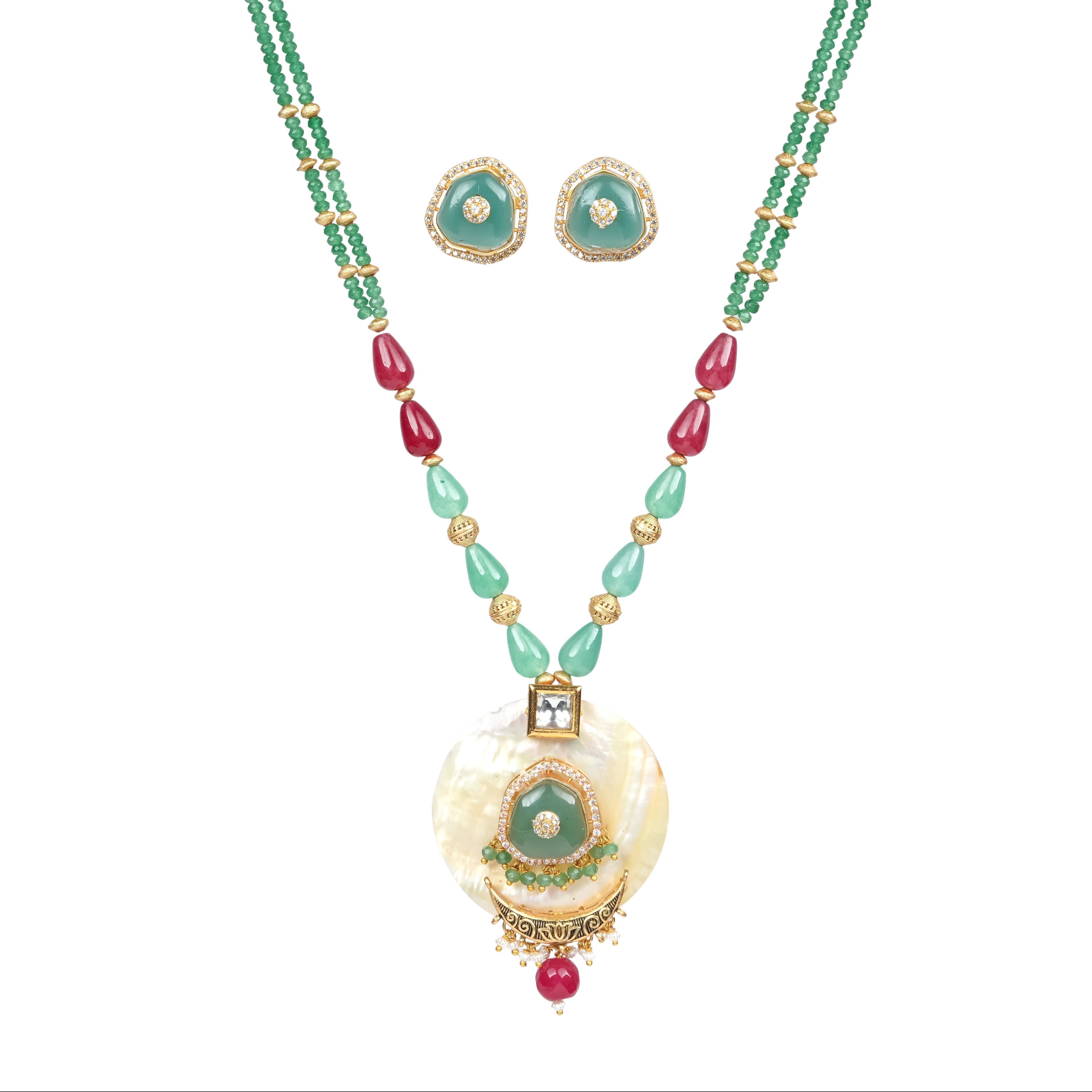 Green & Red Beaded Mother-of-Pearl Pendant Necklace Set