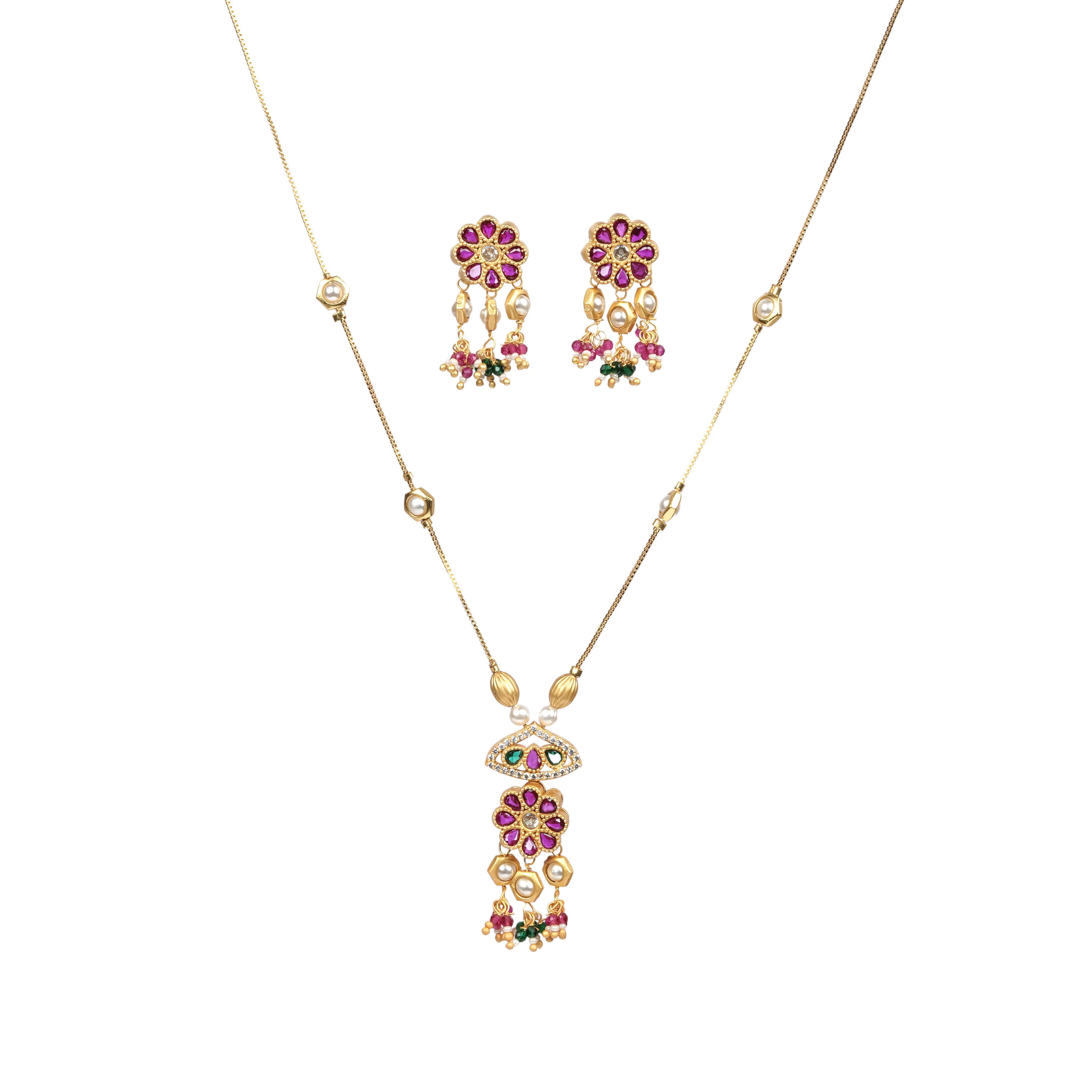 Ruby Floral & Kundan Drop Necklace Set