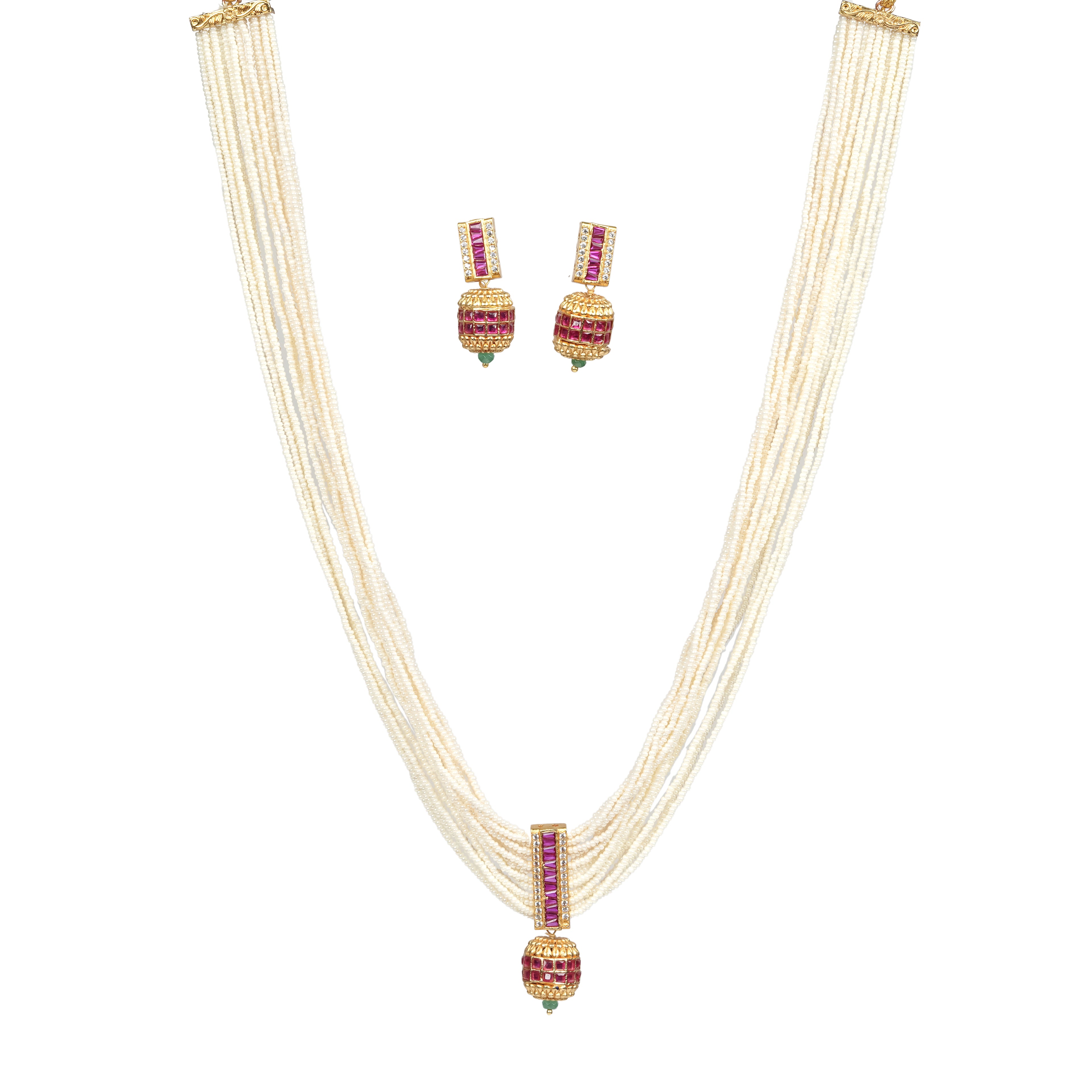 Multi-Strand Pearl & Ruby Barrel Pendant Necklace Set
