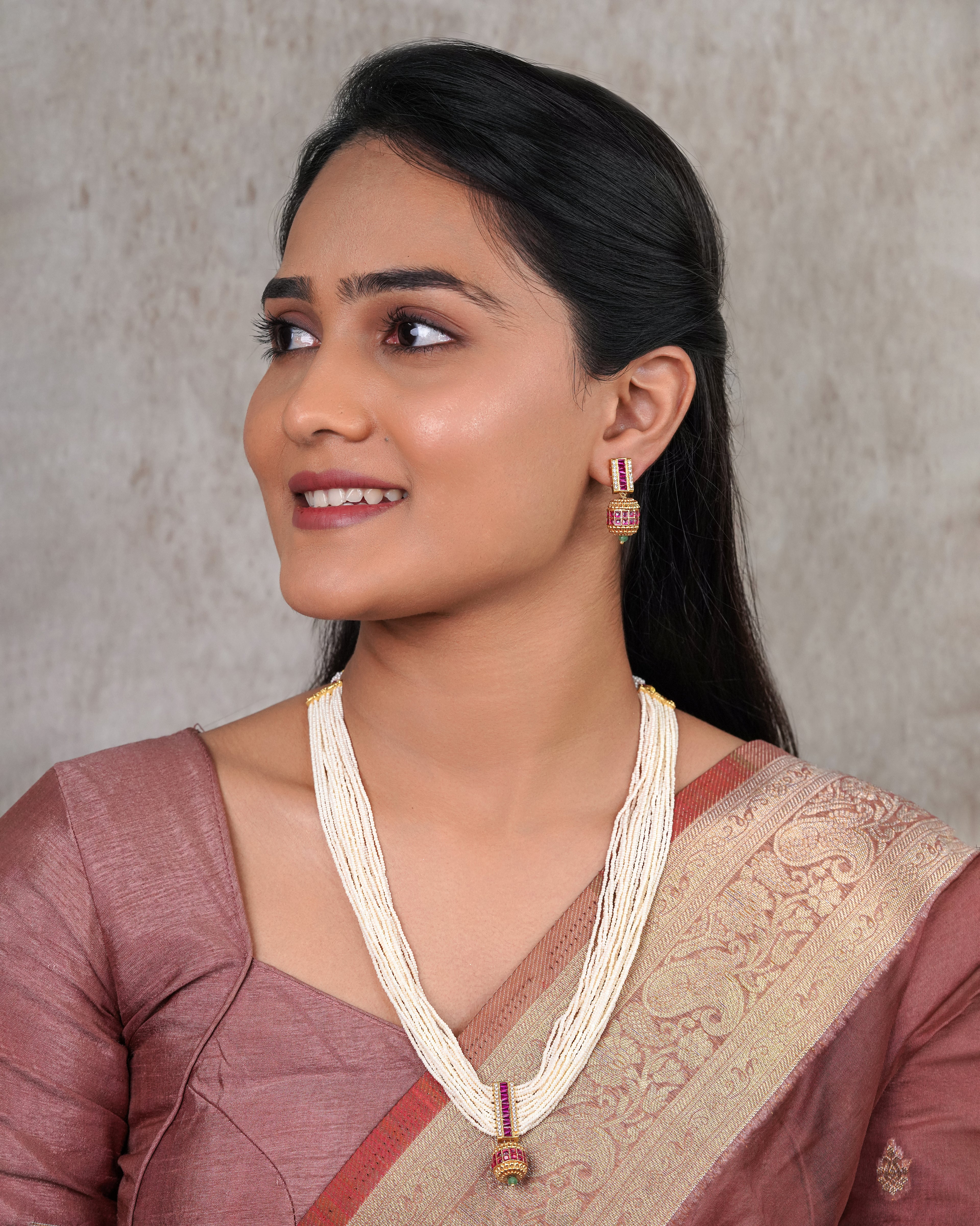 Multi-Strand Pearl & Ruby Barrel Pendant Necklace Set