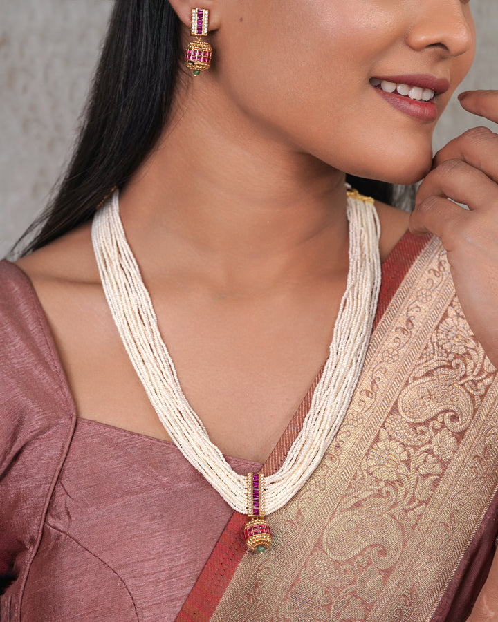 Multi-Strand Pearl & Ruby Barrel Pendant Necklace Set