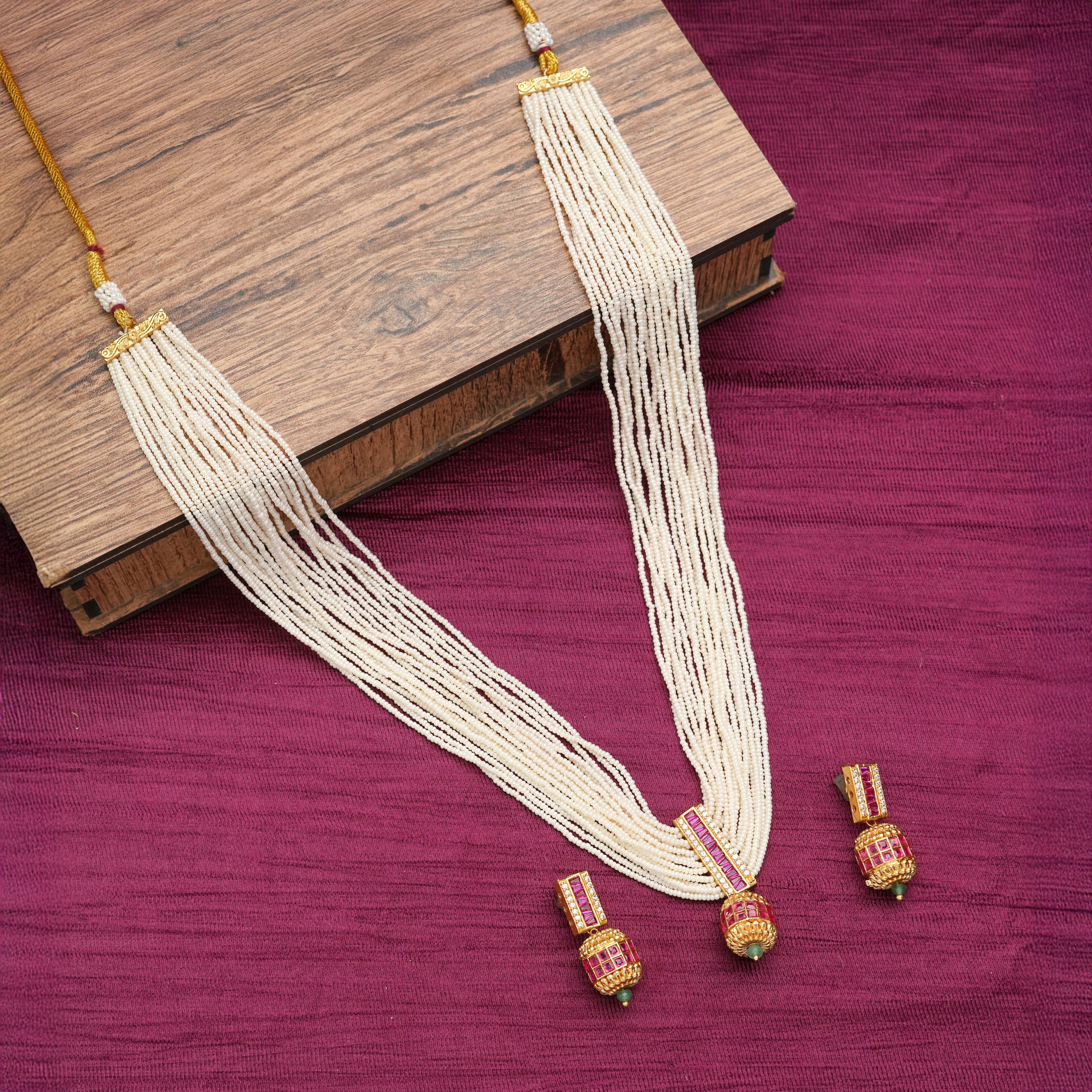 Multi-Strand Pearl & Ruby Barrel Pendant Necklace Set