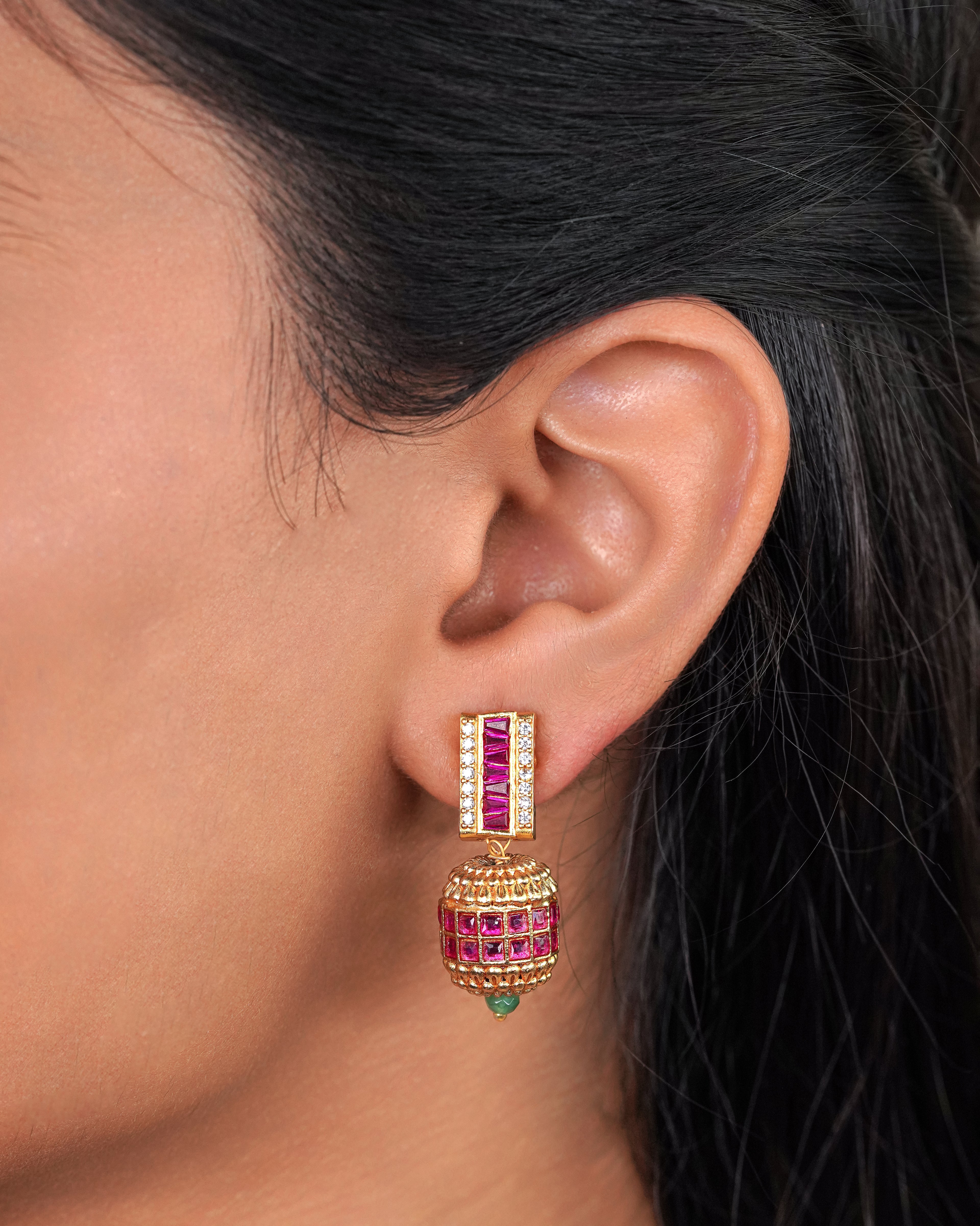 Multi-Strand Pearl & Ruby Barrel Pendant Necklace Set