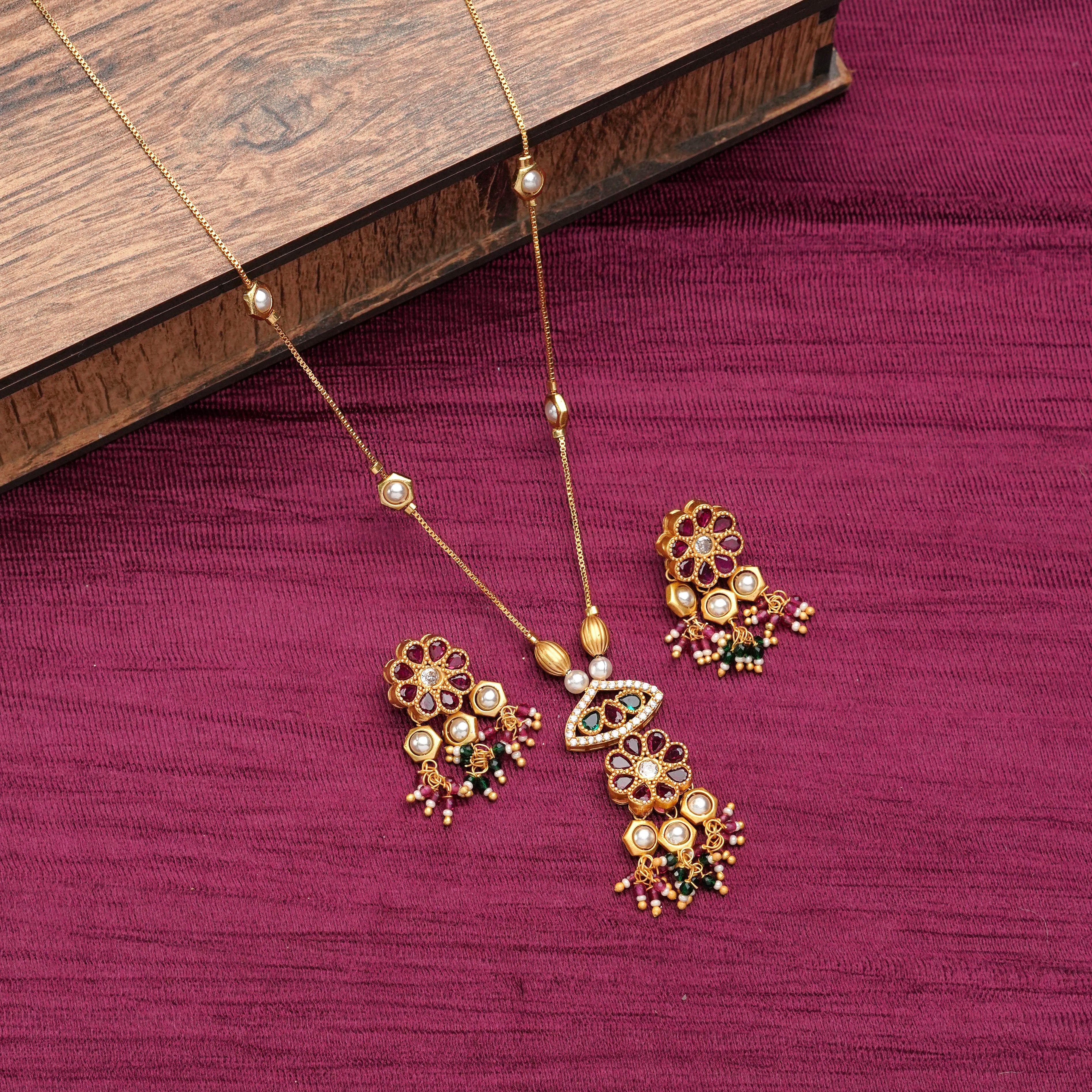 Ruby Floral & Kundan Drop Necklace Set