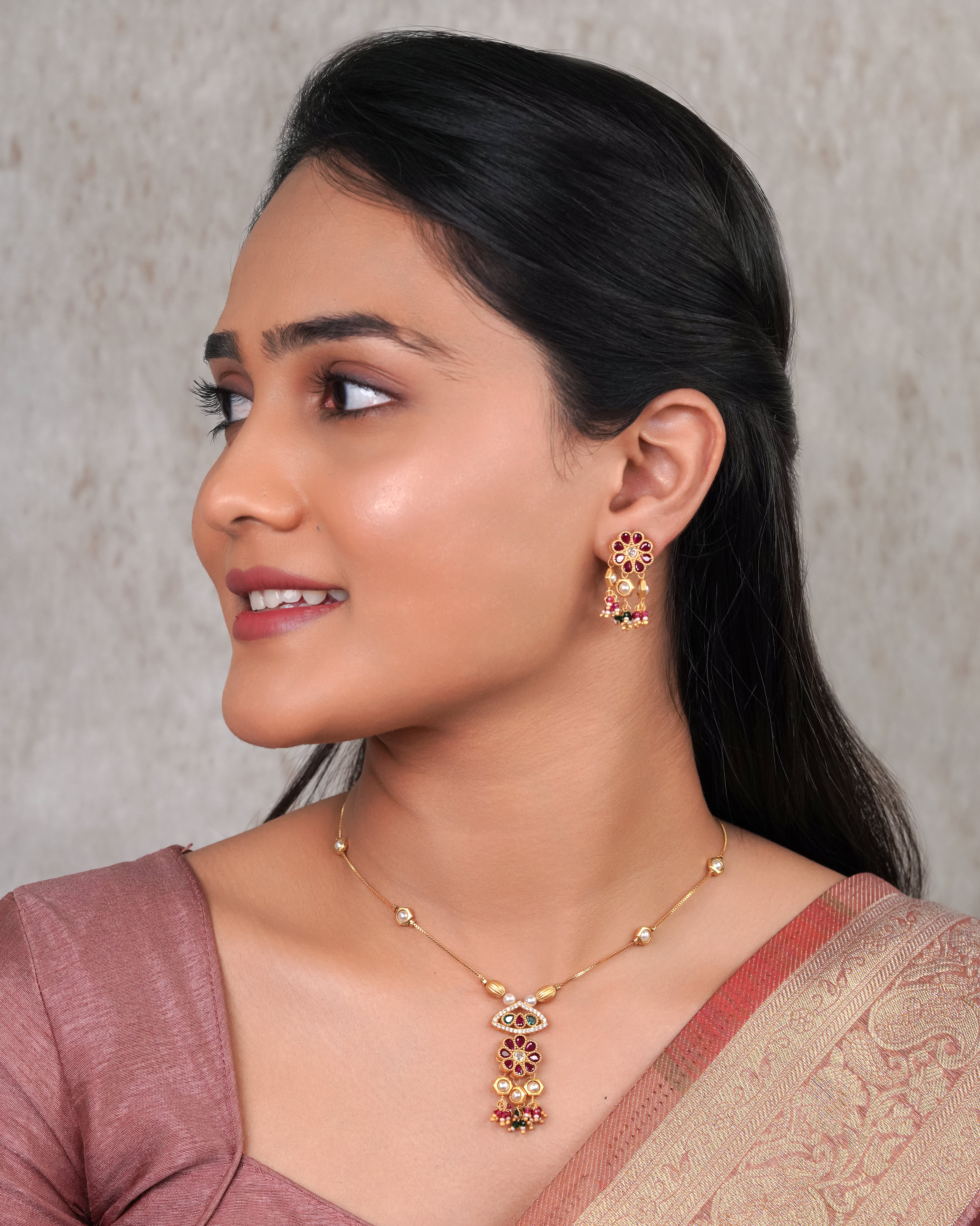 Ruby Floral & Kundan Drop Necklace Set