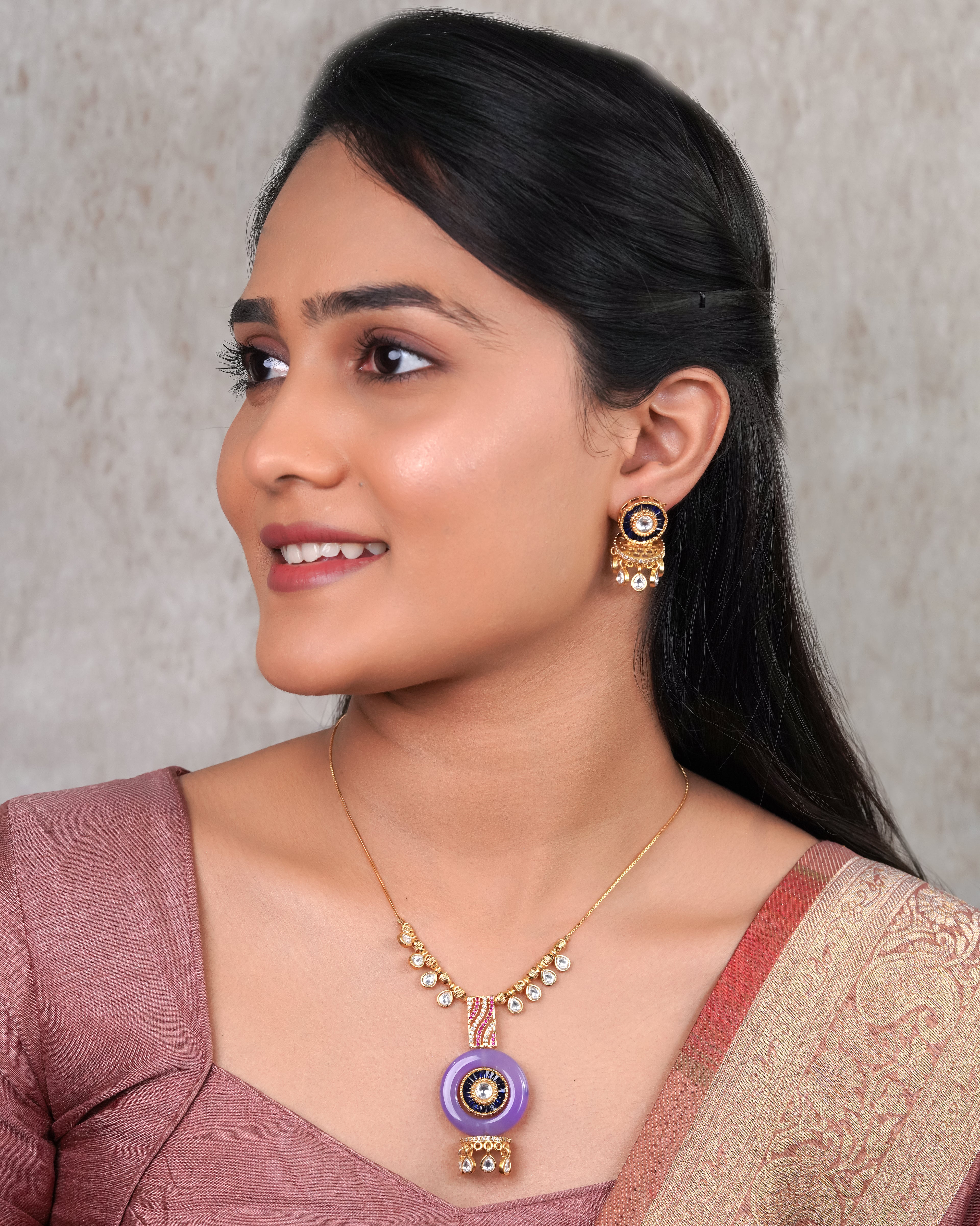 Blue & Lilac Enamel Disc Pendant Necklace Set