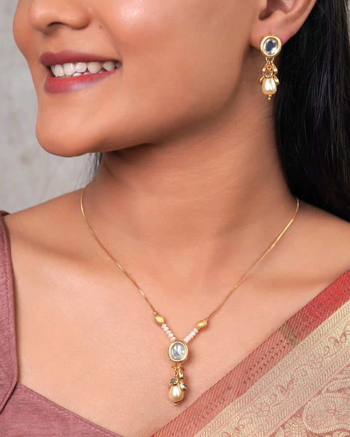 Elegant Pearl Drop & Polki Pendant Necklace Set