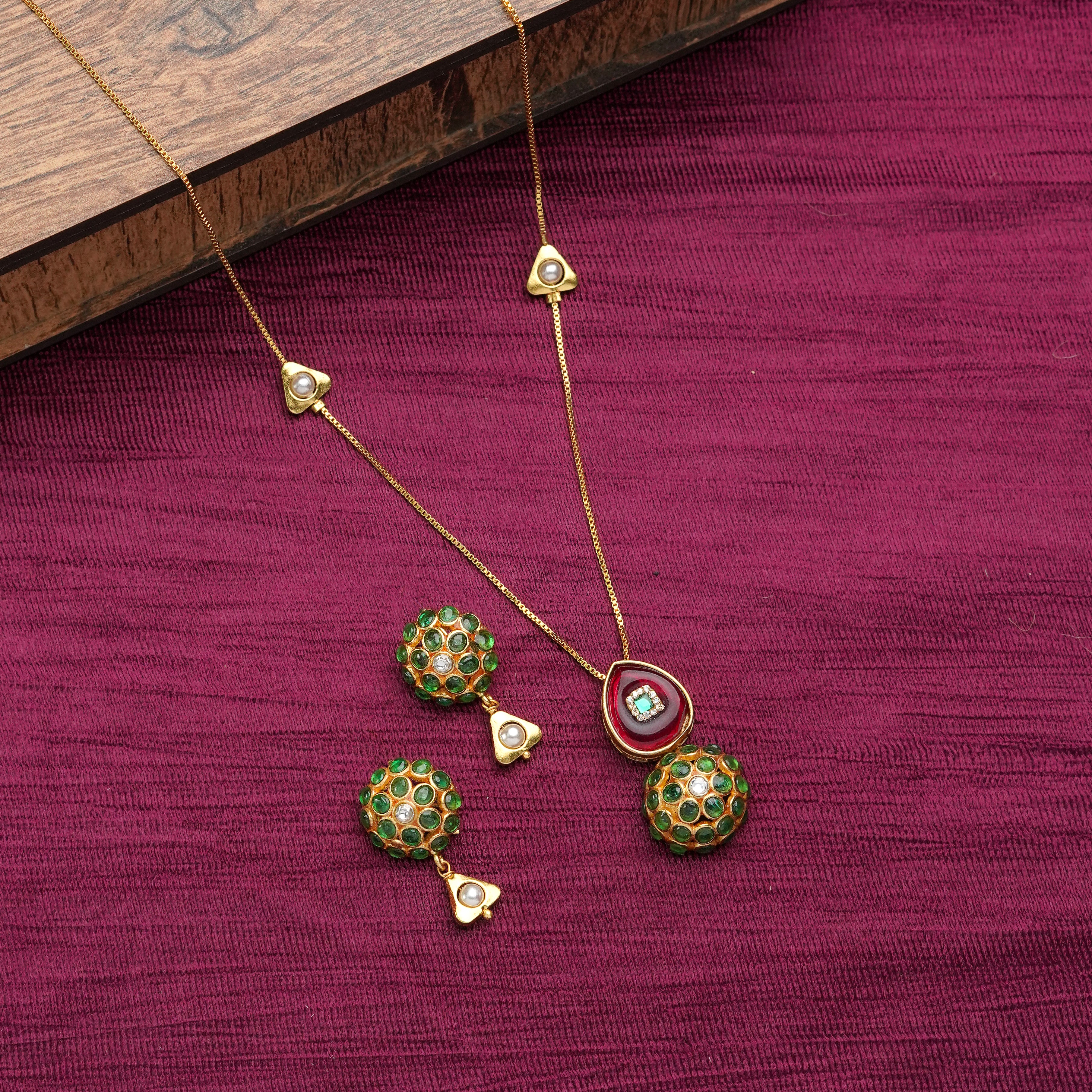 Ruby Drop & Emerald Dome Meenakari Necklace Set