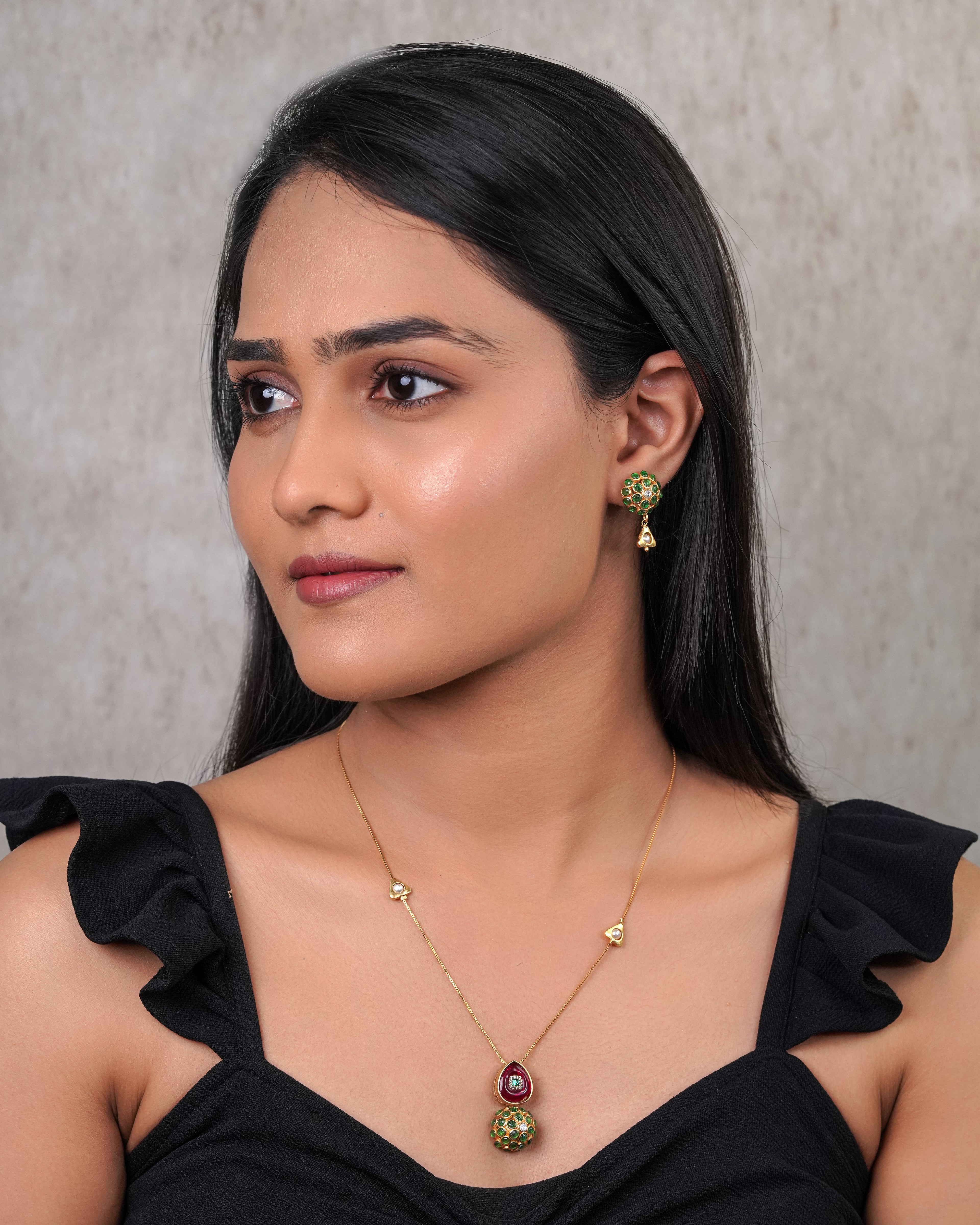 Ruby Drop & Emerald Dome Meenakari Necklace Set