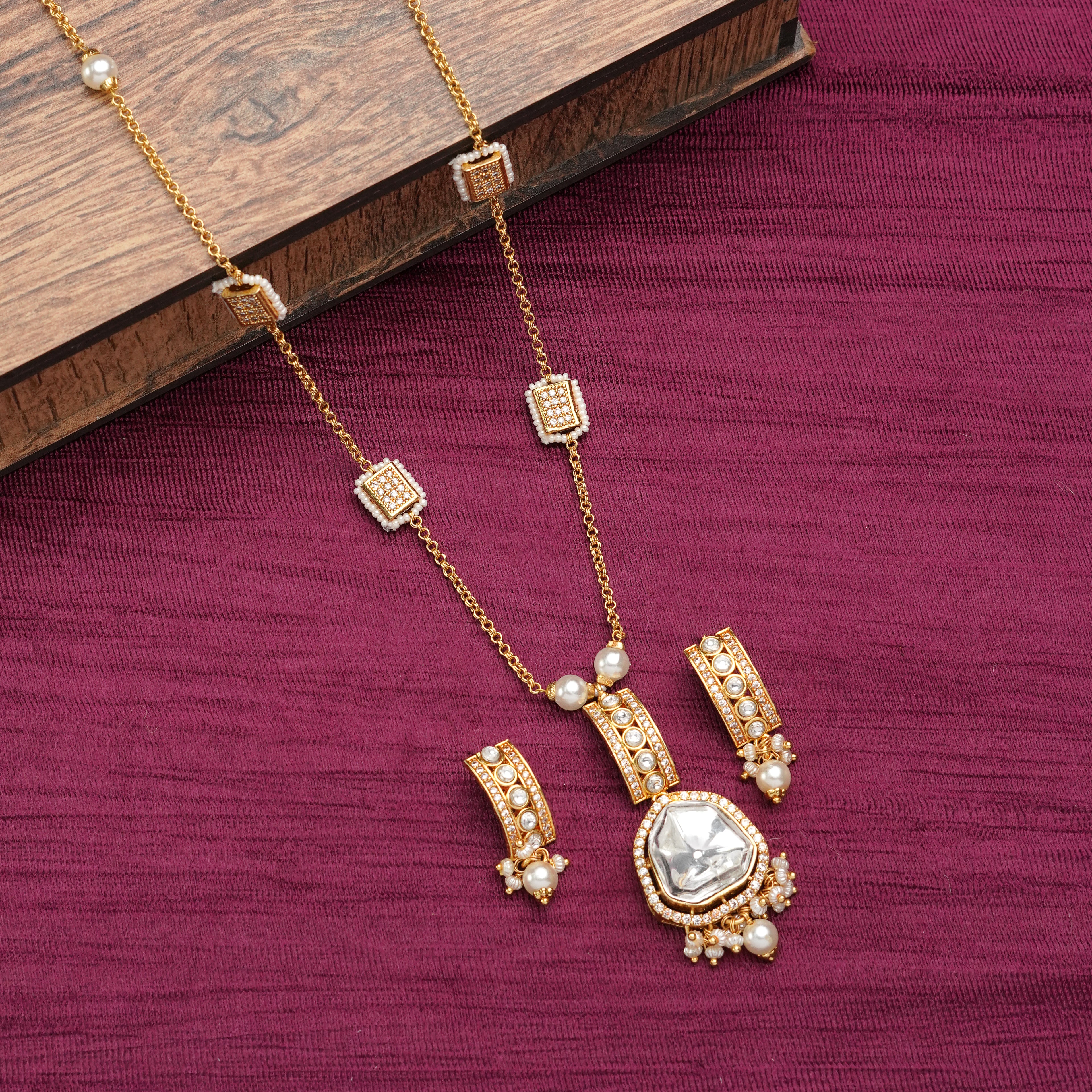 Elegant Polki & Pearl Drop Necklace Set