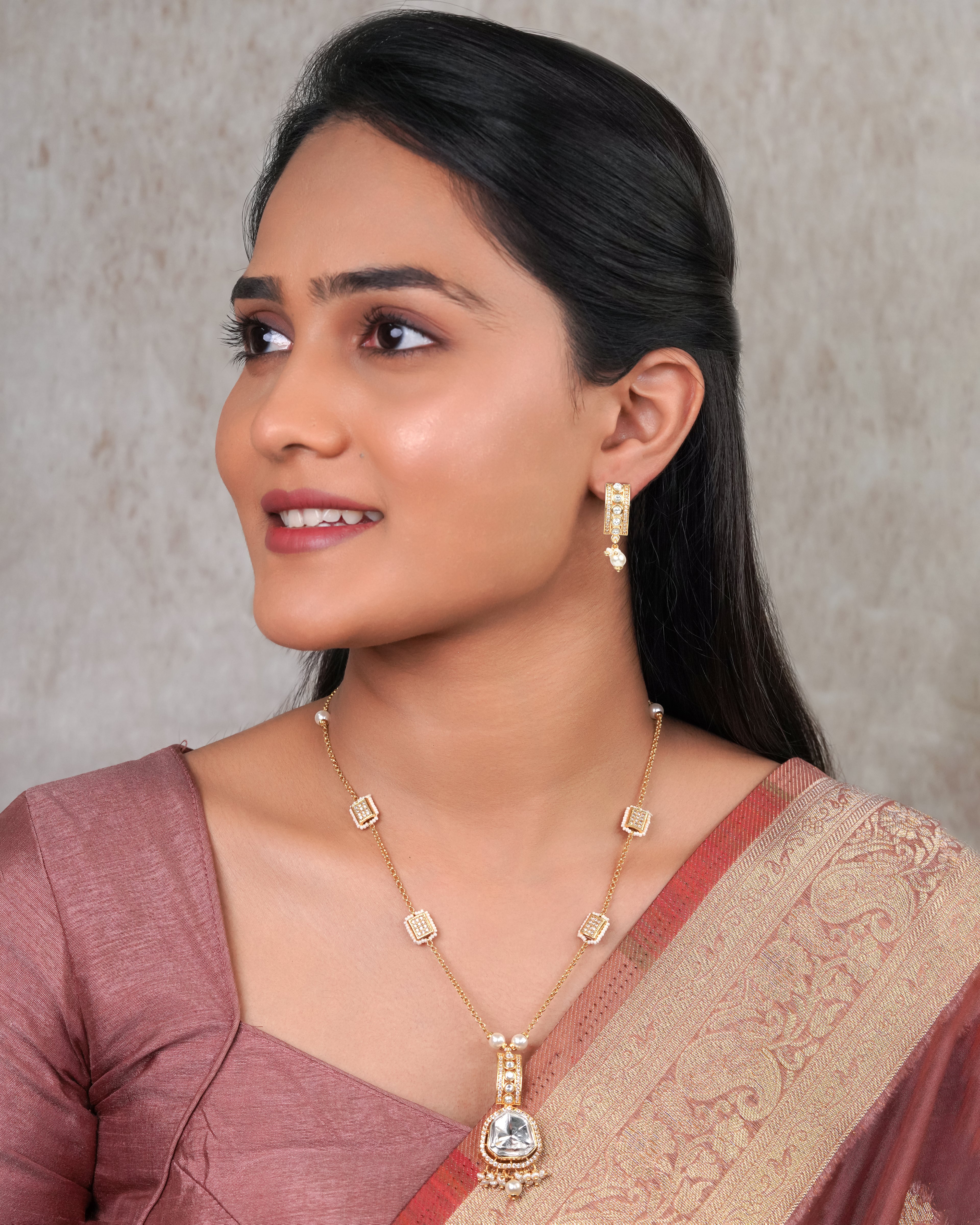 Elegant Polki & Pearl Drop Necklace Set
