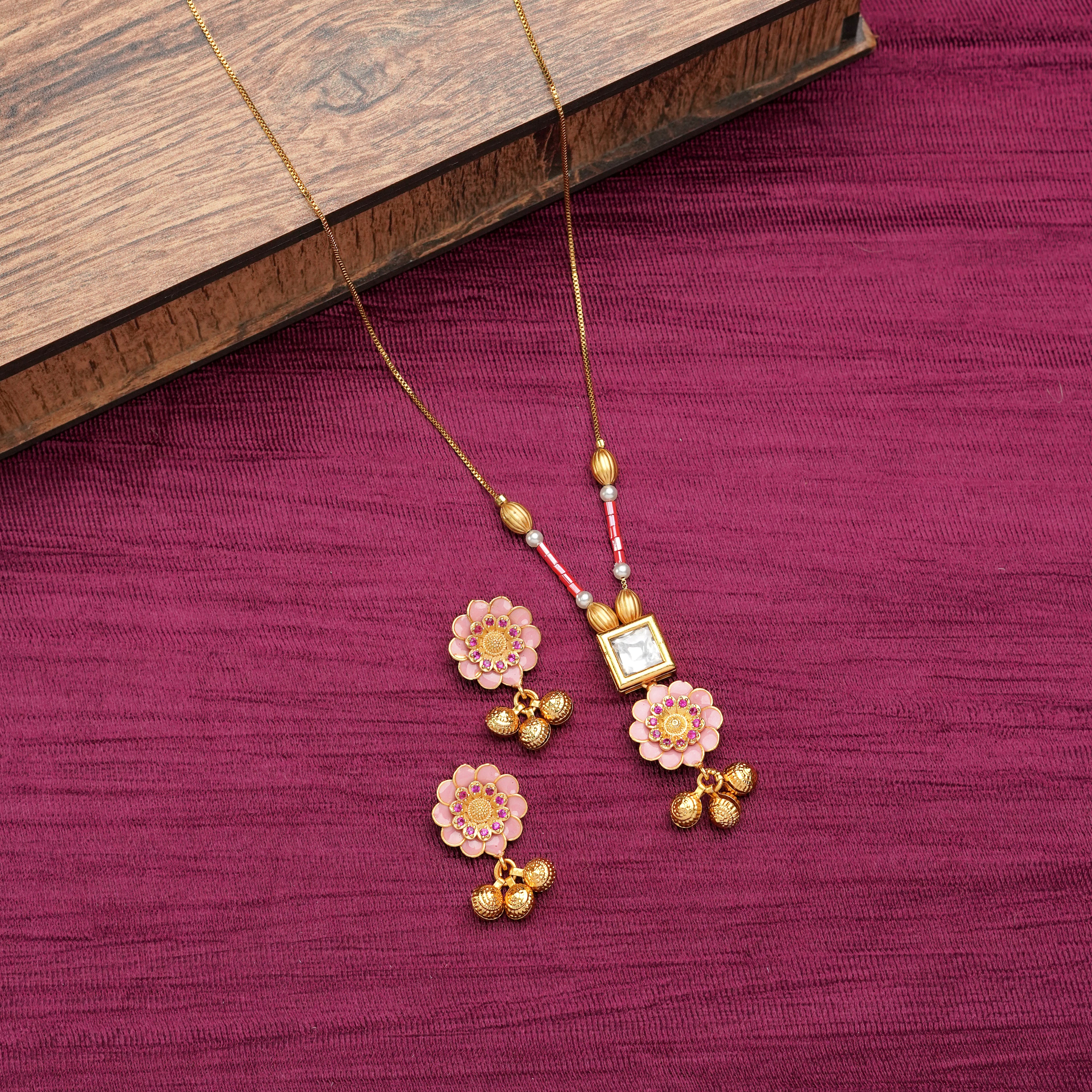 Pink Enamel Floral Pendant Necklace Set