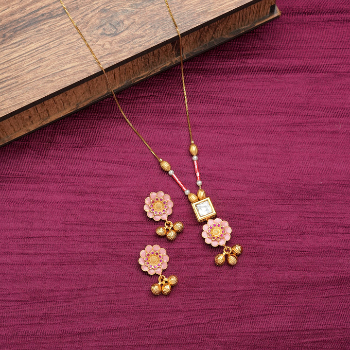Pink Enamel Floral Pendant Necklace Set