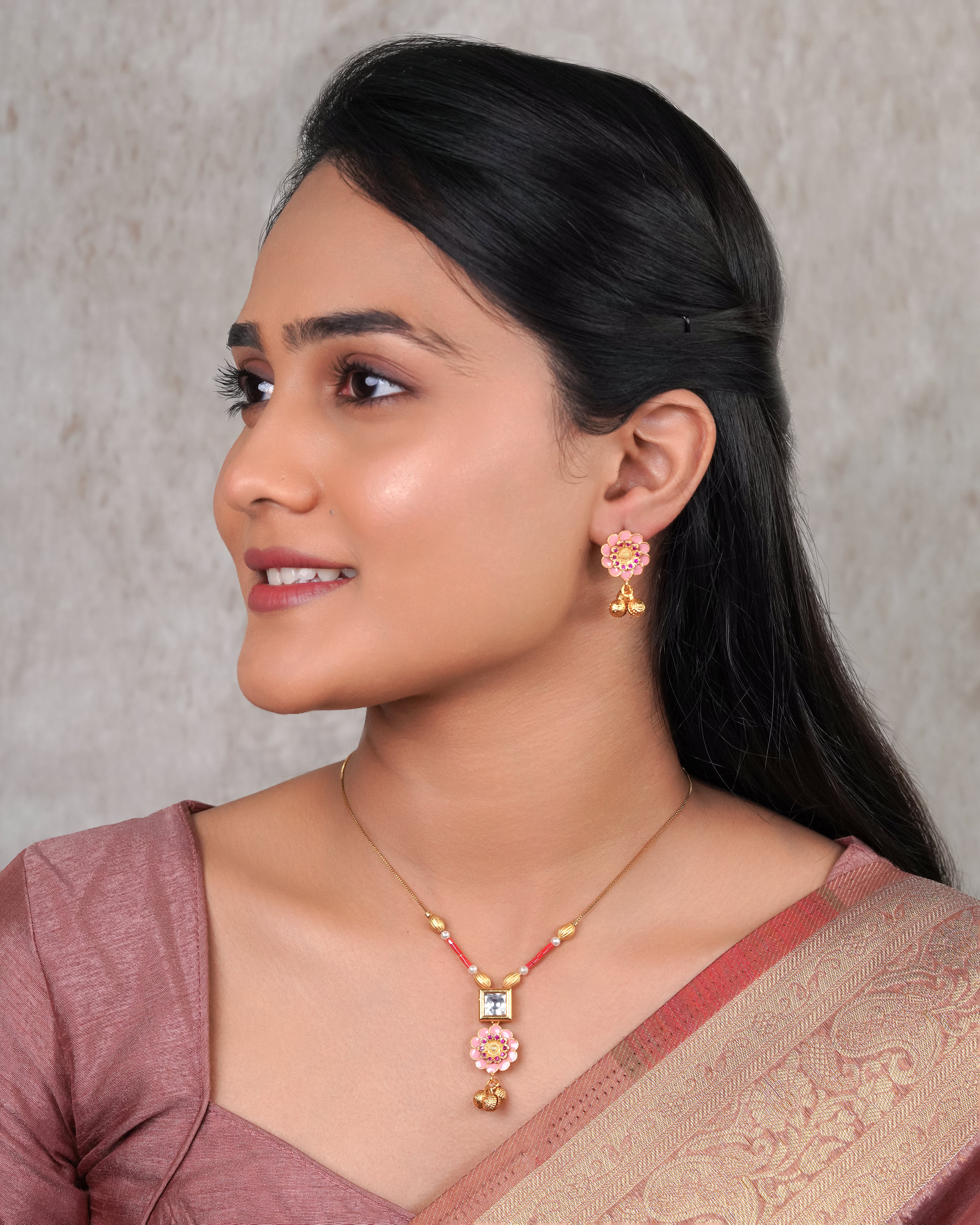 Pink Enamel Floral Pendant Necklace Set