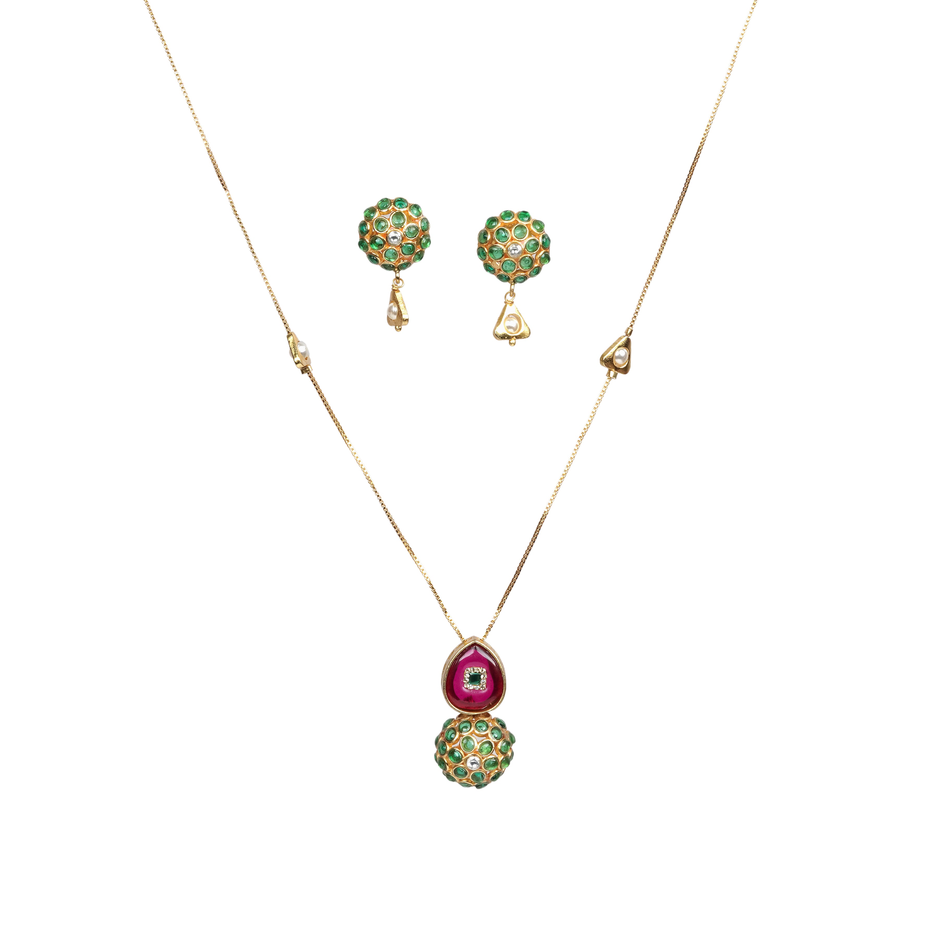 Ruby Drop & Emerald Dome Meenakari Necklace Set