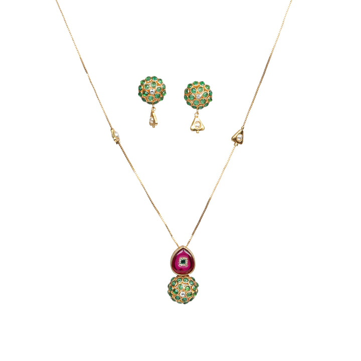 Ruby Drop & Emerald Dome Meenakari Necklace Set