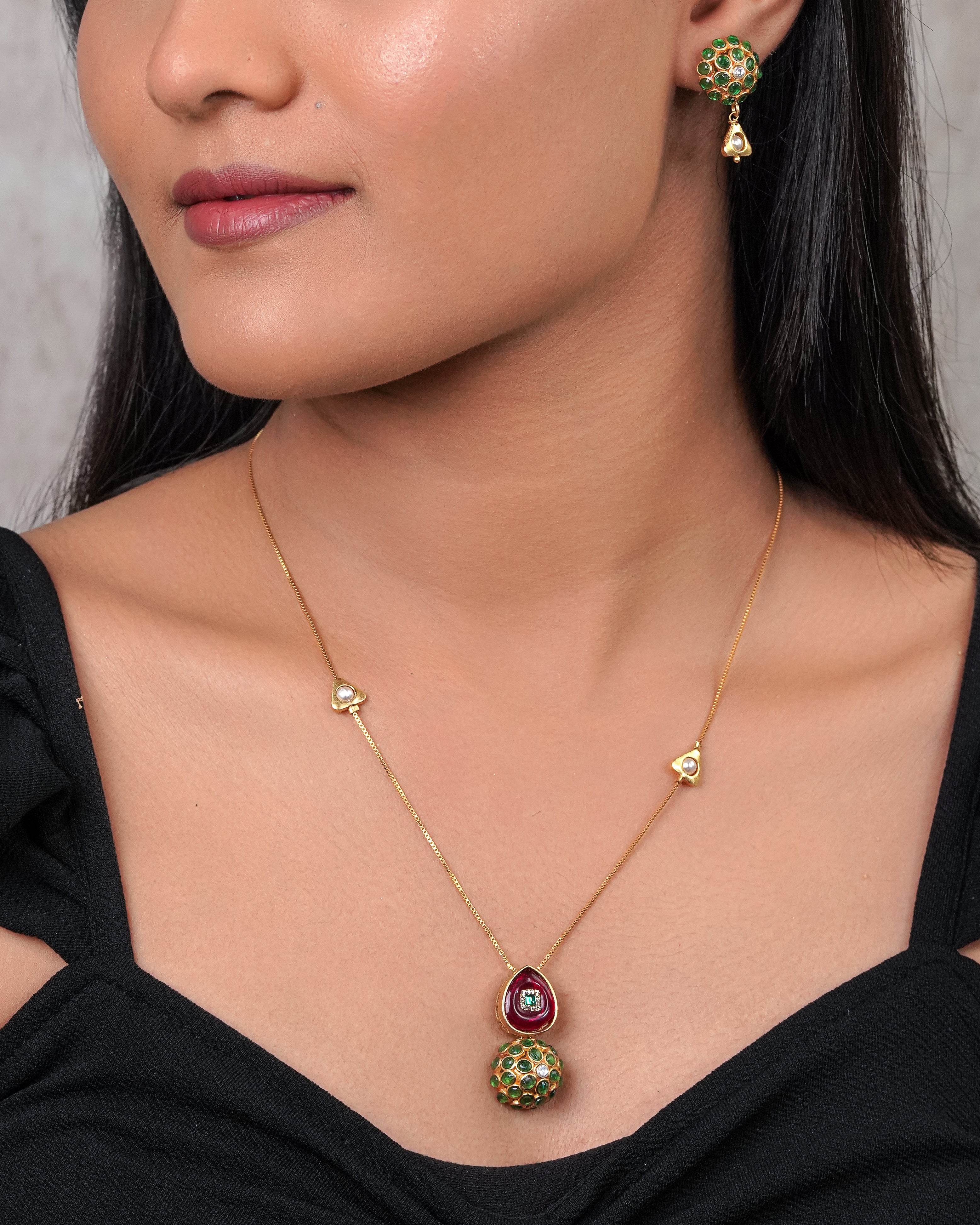 Ruby Drop & Emerald Dome Meenakari Necklace Set