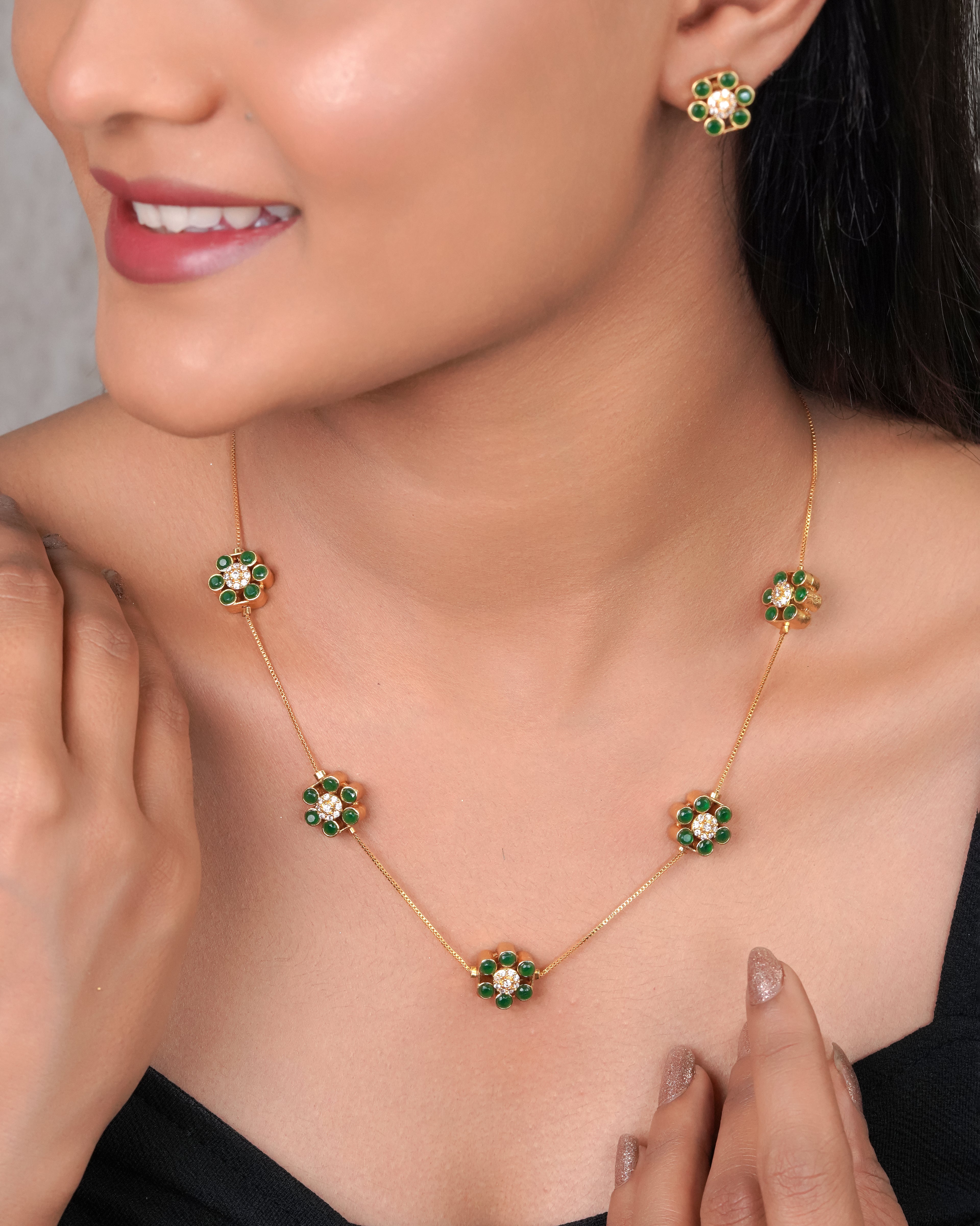 Green Floral Cluster Necklace Set