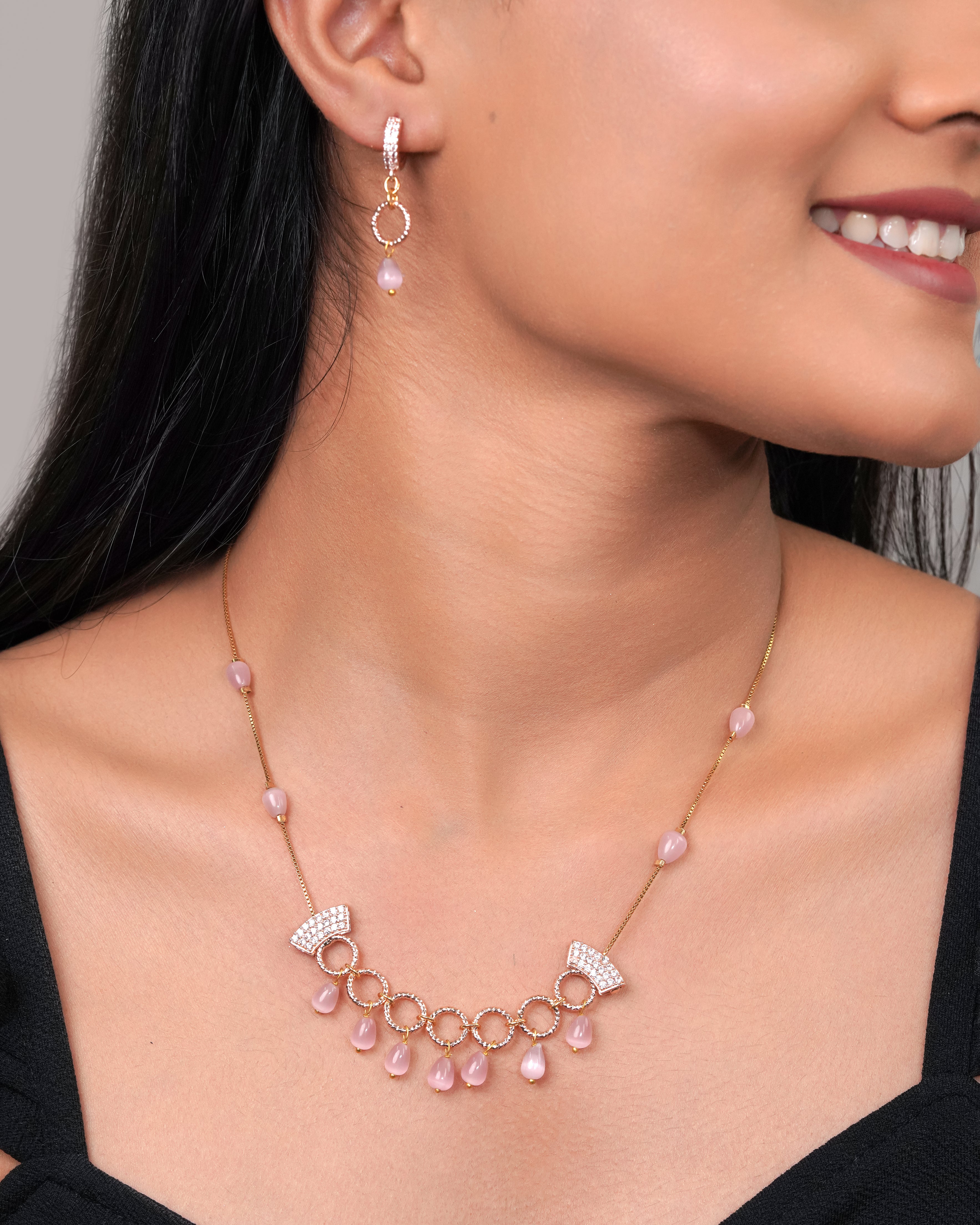 Pink Pearl Drop Necklace & Earrings Set
