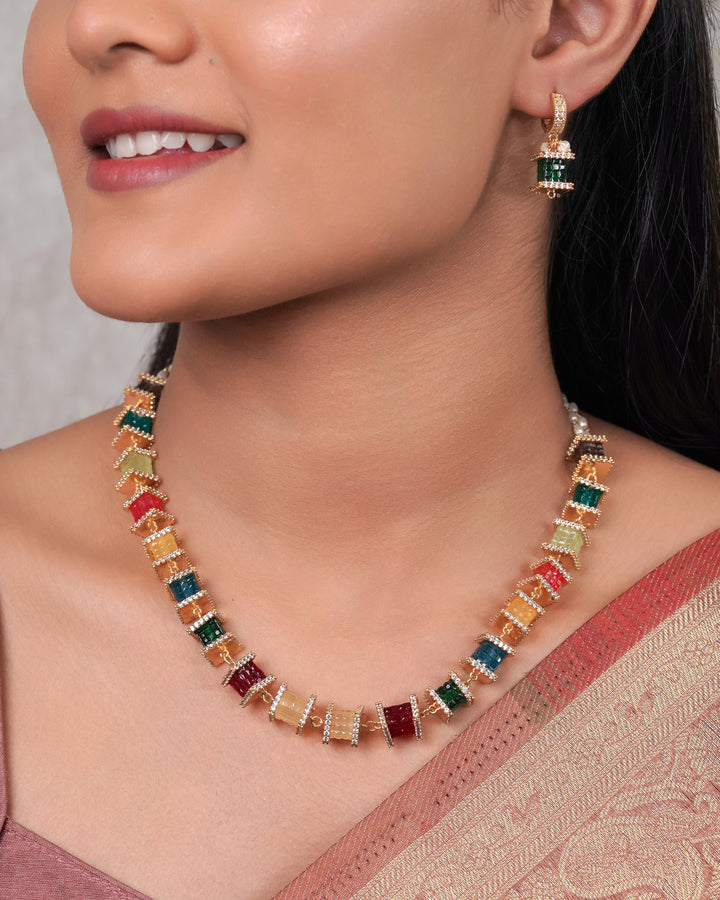 Multicolor Gemstone Cascade Necklace & Earring Set