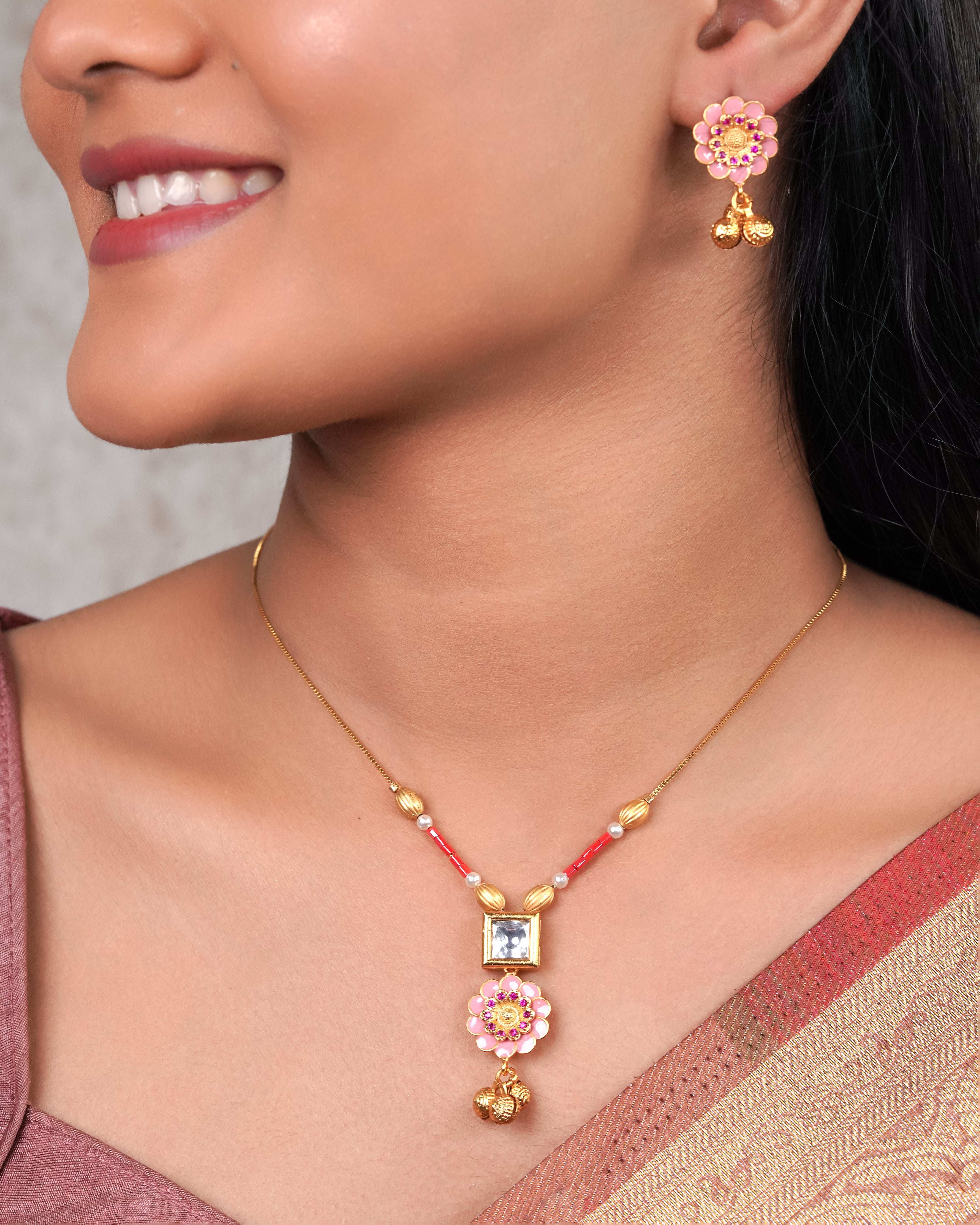 Pink Enamel Floral Pendant Necklace Set