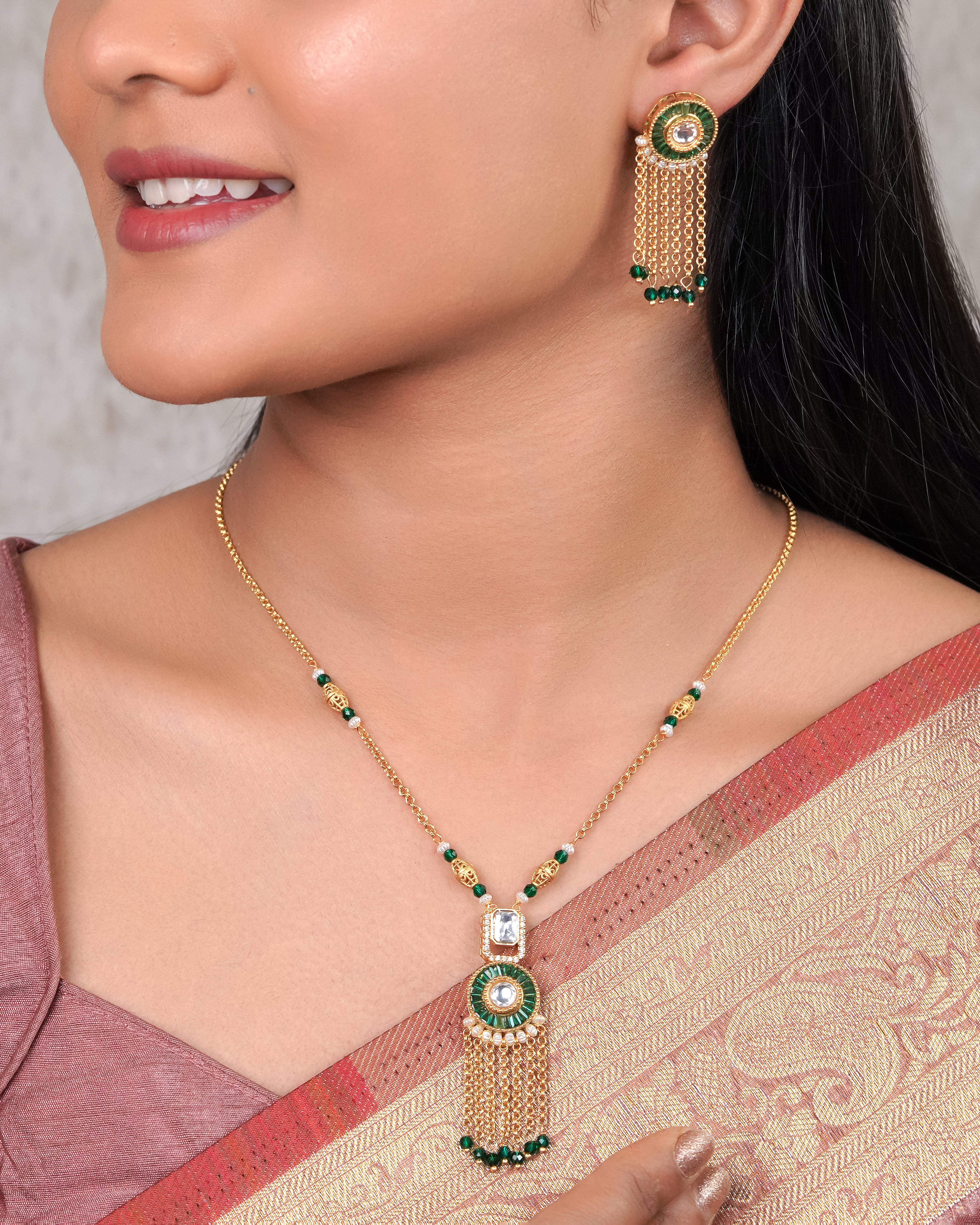 Emerald Green Kundan Tassel Necklace Set