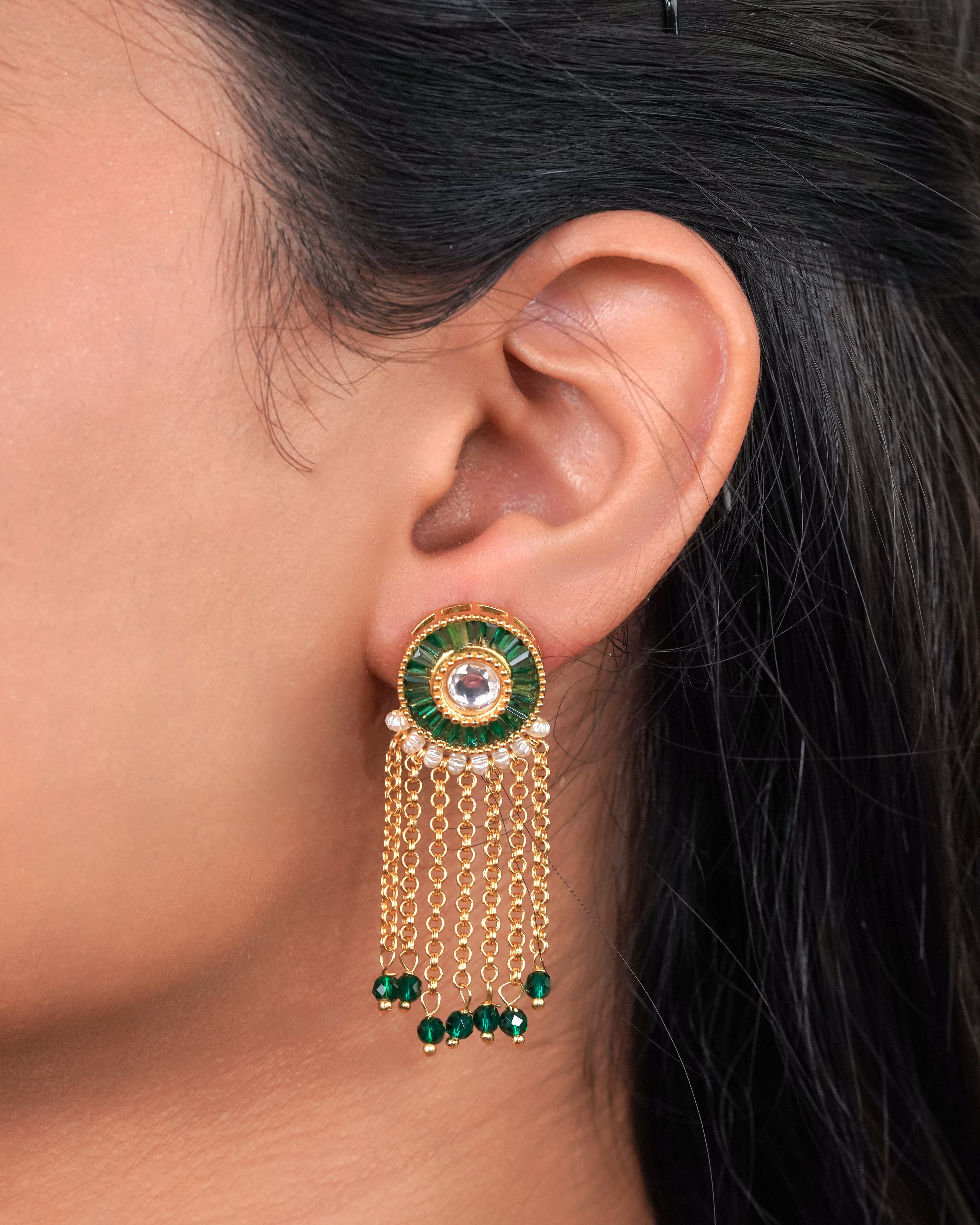 Emerald Green Kundan Tassel Necklace Set