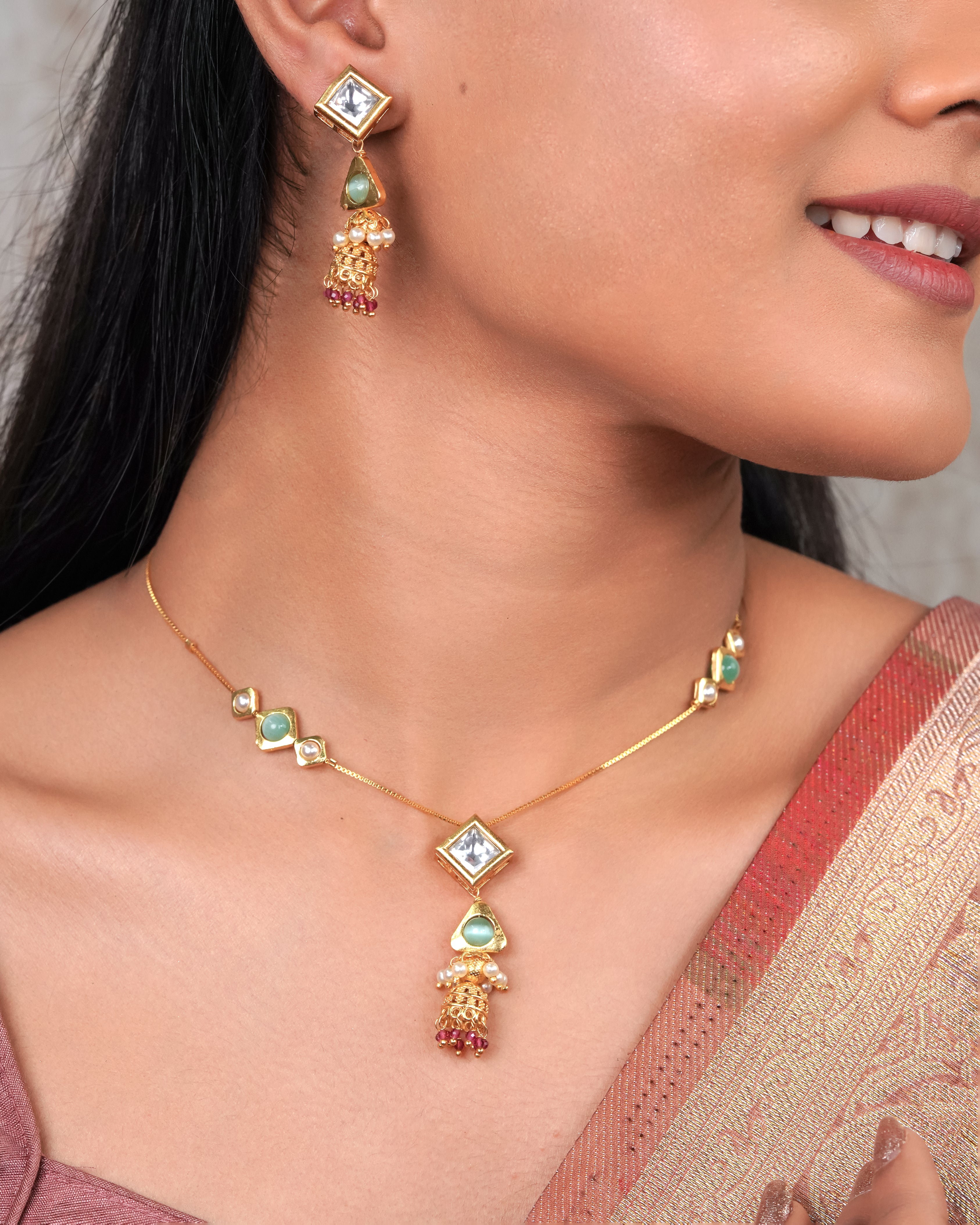 Mint Stone & Kundan Tassel Necklace Set