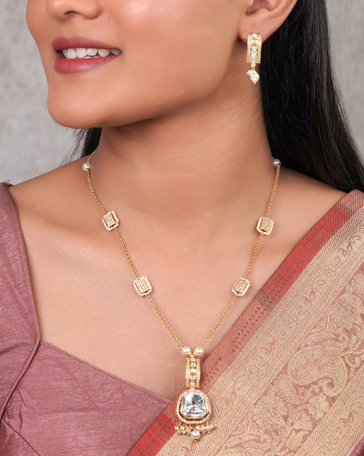 Elegant Polki & Pearl Drop Necklace Set