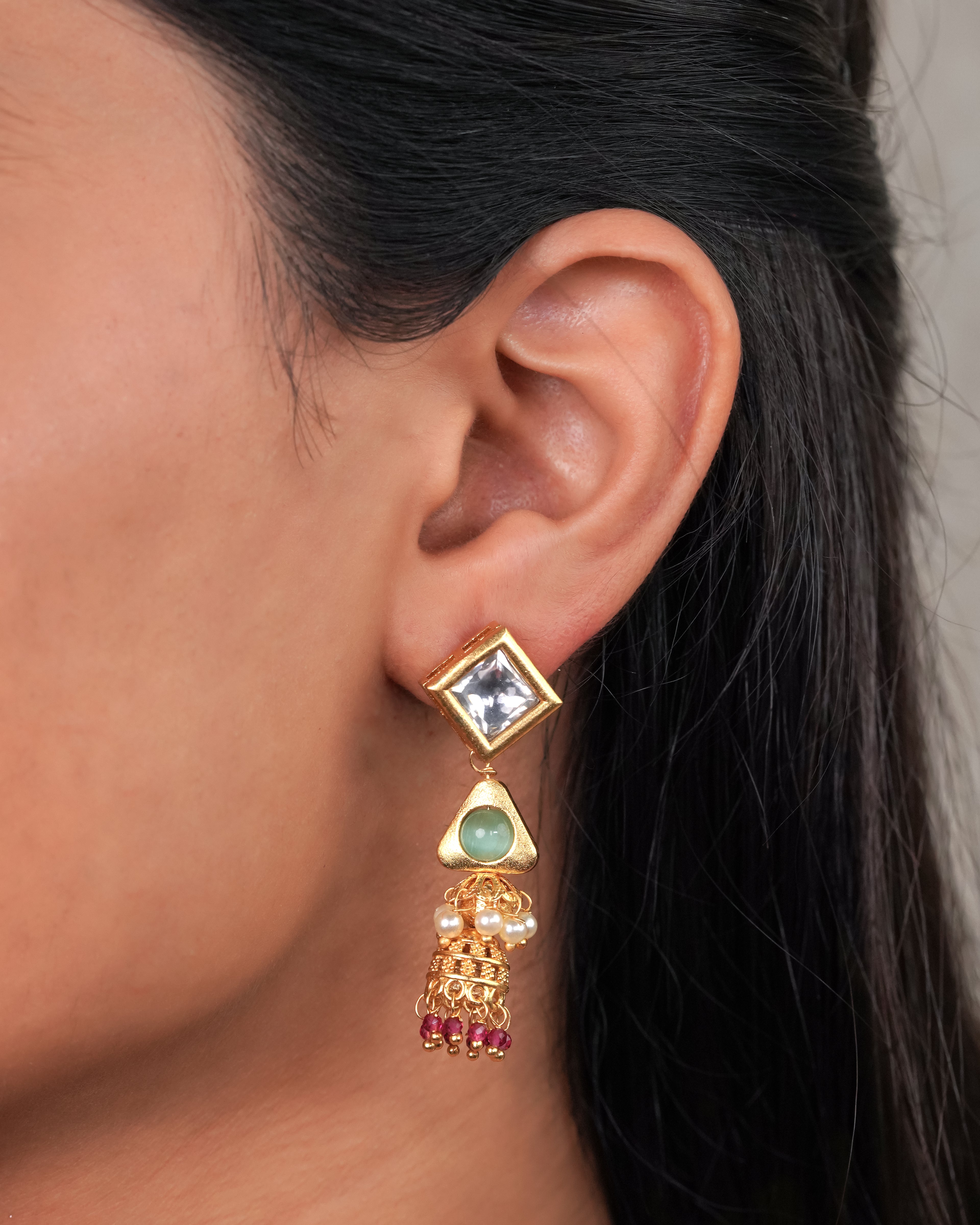 Mint Stone & Kundan Tassel Necklace Set